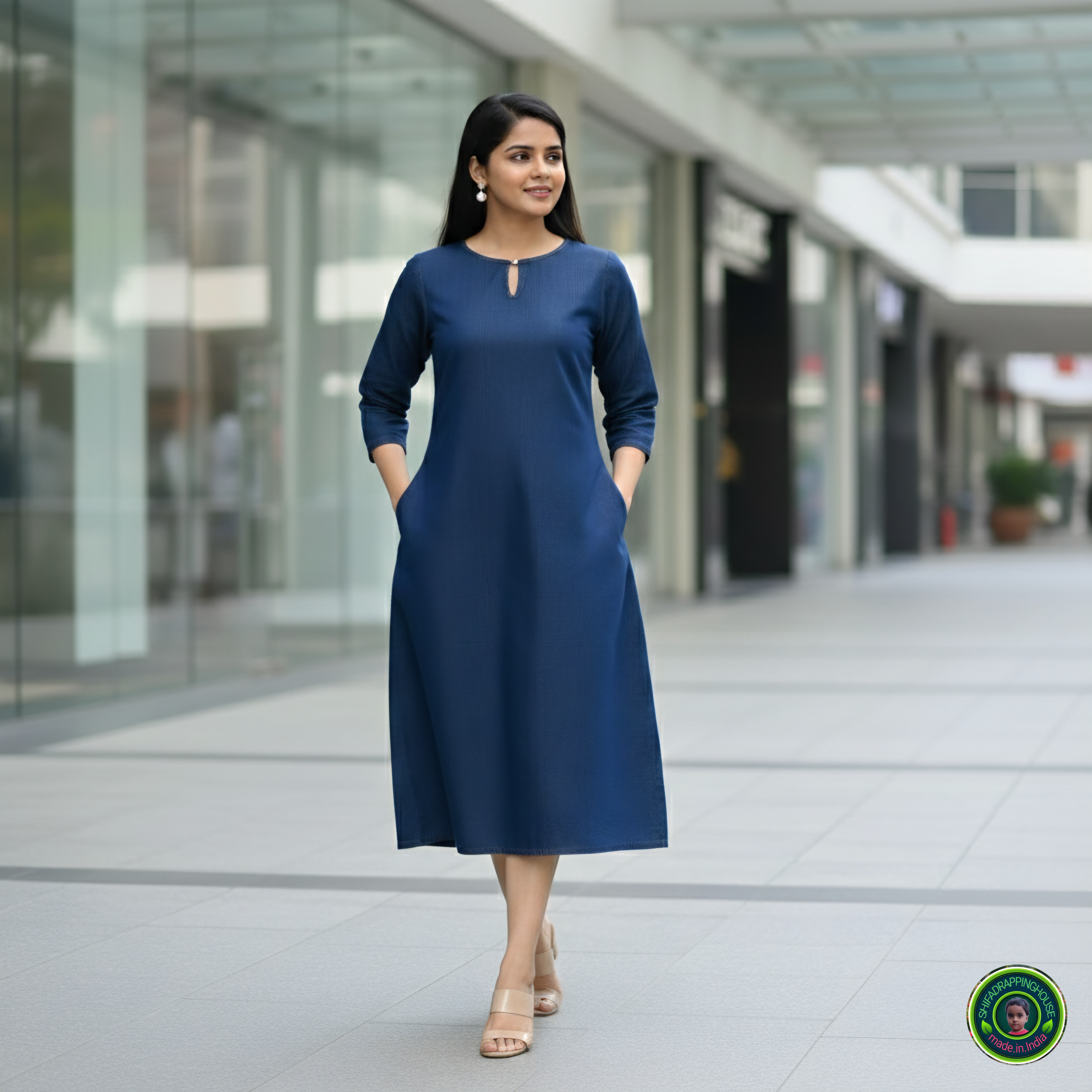 Premium Navy Blue Denim A-Line Midi Dress with Keyhole Neck - Shifa Drapping House Exclusive