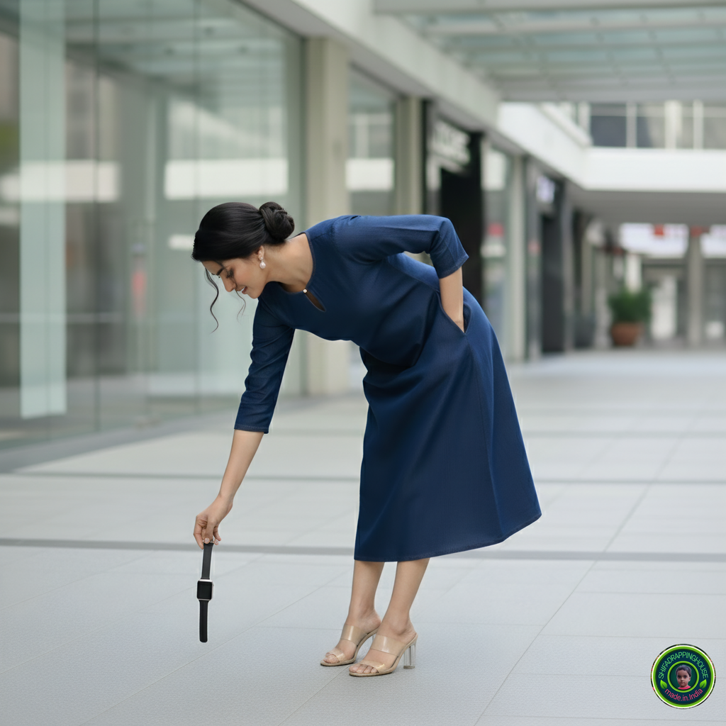 Premium Navy Blue Denim A-Line Midi Dress with Keyhole Neck - Shifa Drapping House Exclusive
