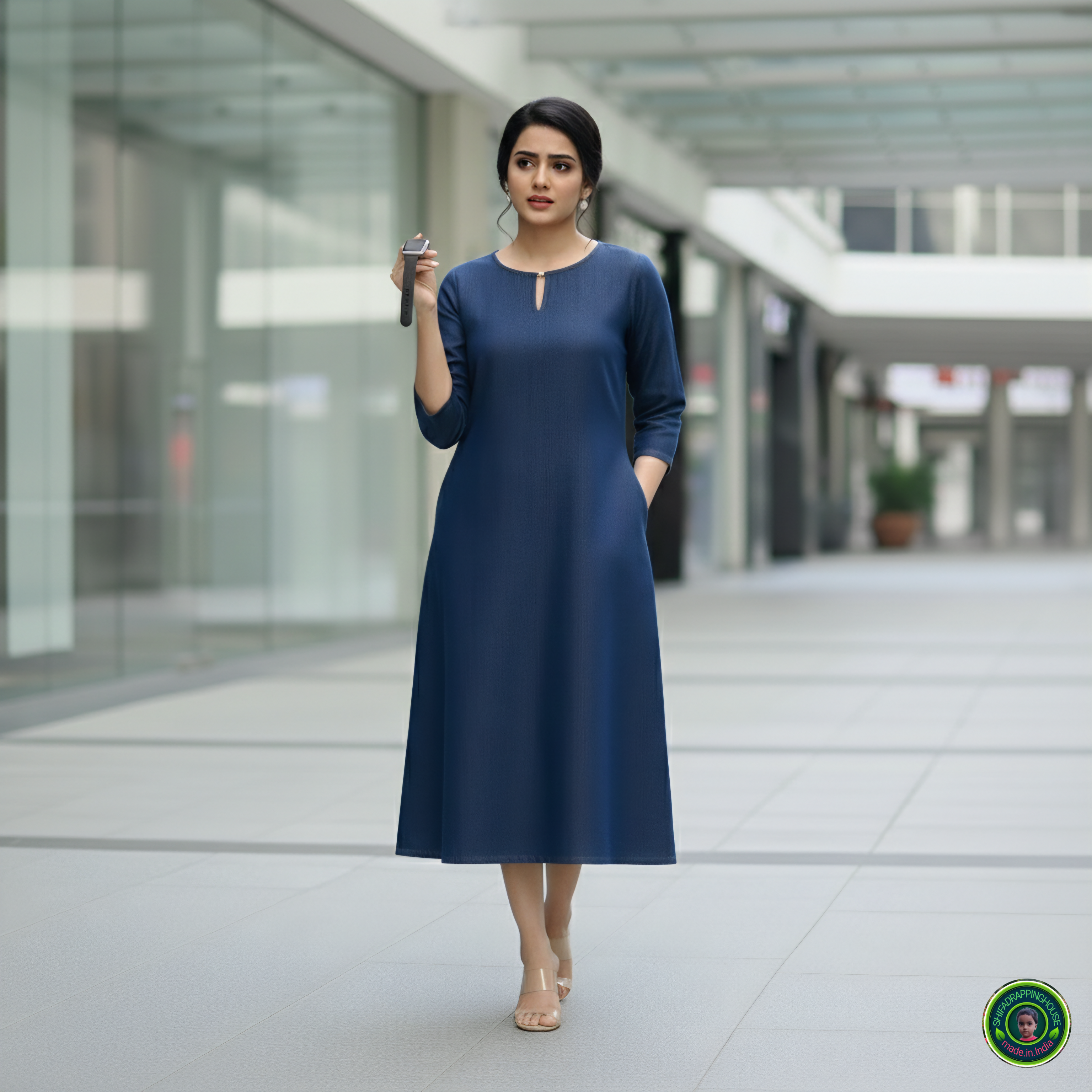 Premium Navy Blue Denim A-Line Midi Dress with Keyhole Neck - Shifa Drapping House Exclusive
