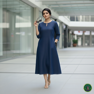 Premium Navy Blue Denim A-Line Midi Dress with Keyhole Neck - Shifa Drapping House Exclusive