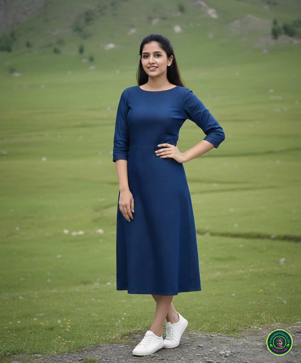 Elite Navy Blue Denim A-Line Midi Dress with Concealed Back Zipper & Side Pockets