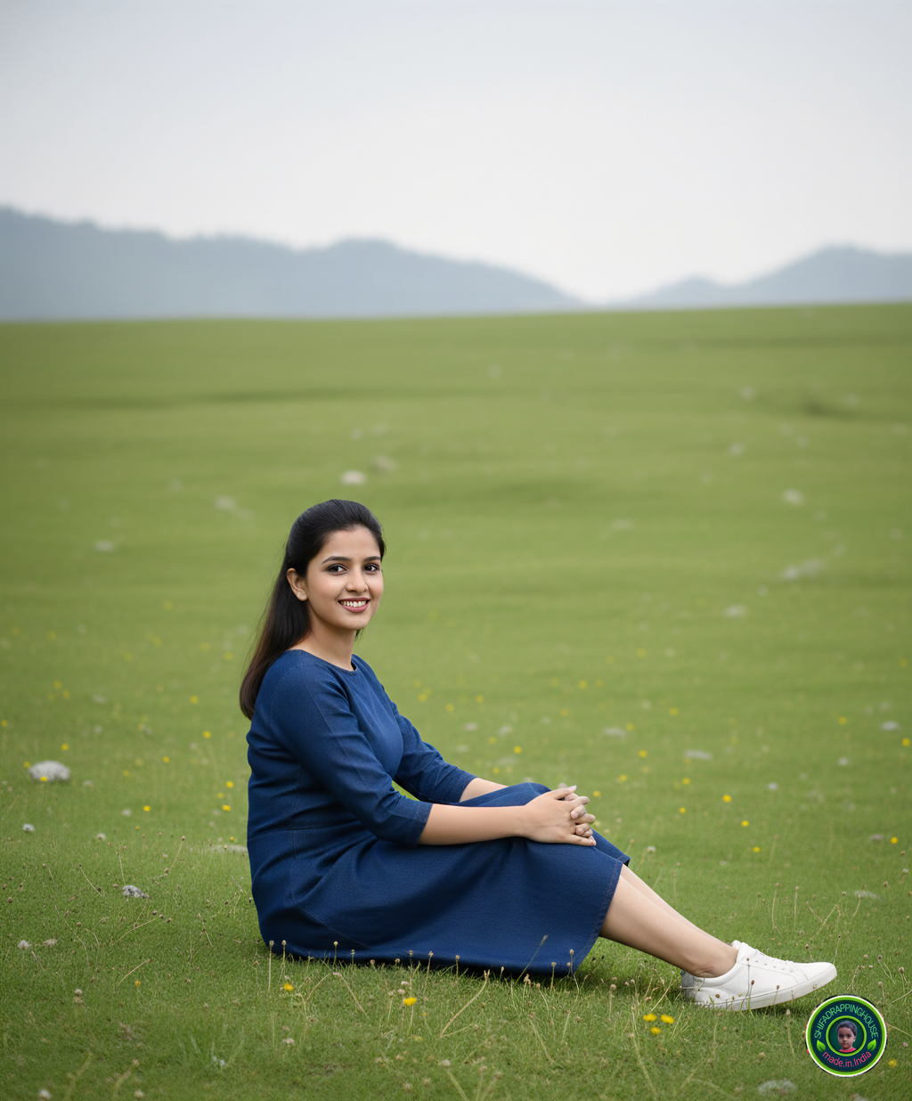 Elite Navy Blue Denim A-Line Midi Dress with Concealed Back Zipper & Side Pockets