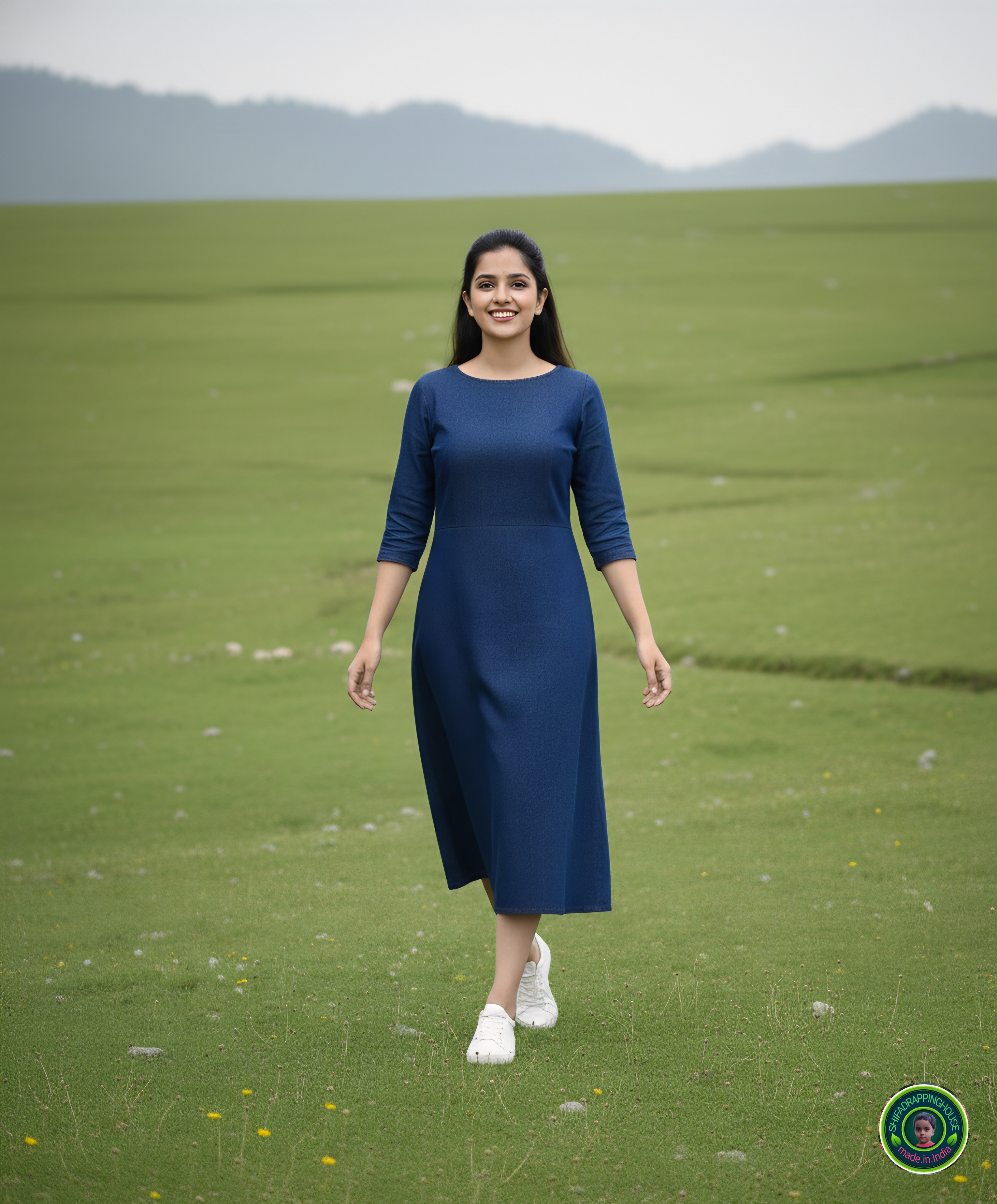 Elite Navy Blue Denim A-Line Midi Dress with Concealed Back Zipper & Side Pockets