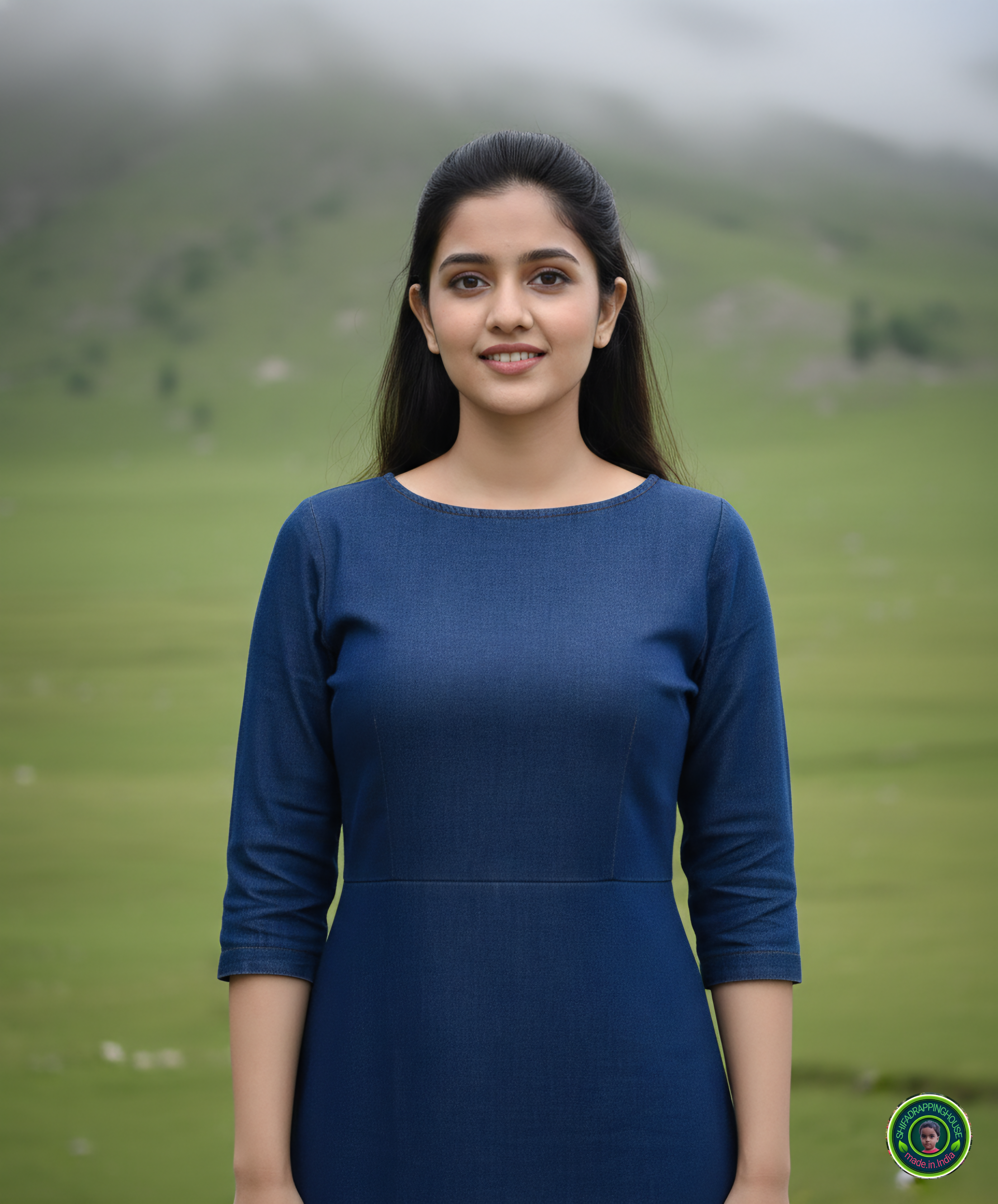 Elite Navy Blue Denim A-Line Midi Dress with Concealed Back Zipper & Side Pockets