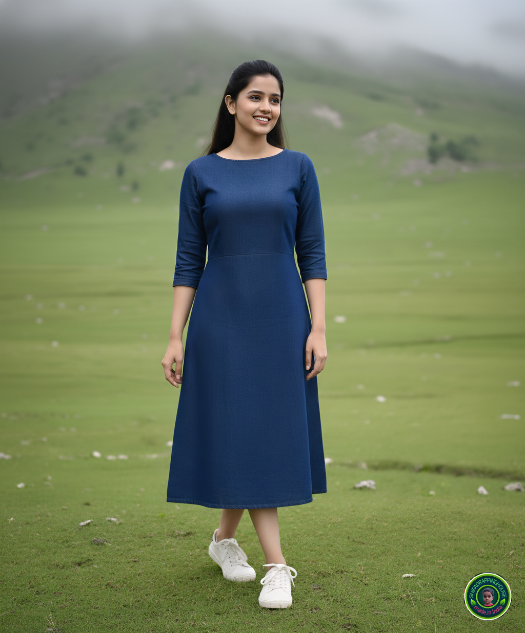 Elite Navy Blue Denim A-Line Midi Dress with Concealed Back Zipper & Side Pockets