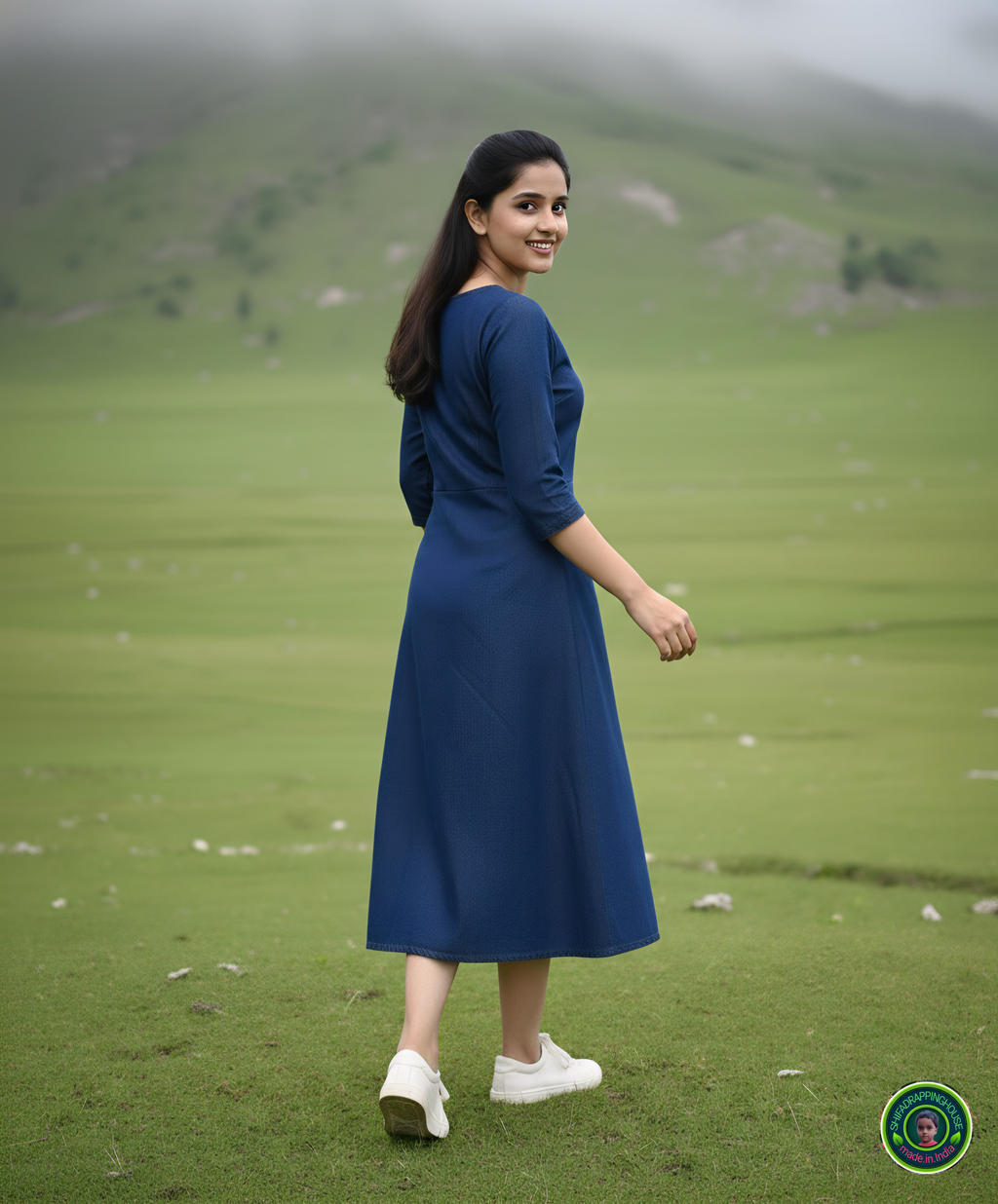 Elite Navy Blue Denim A-Line Midi Dress with Concealed Back Zipper & Side Pockets