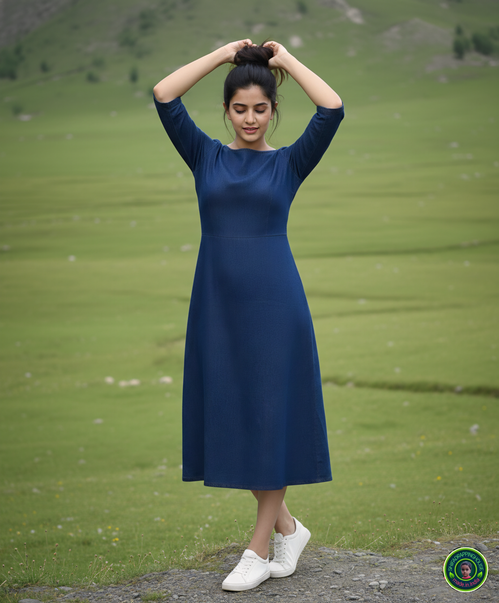 Elite Navy Blue Denim A-Line Midi Dress with Concealed Back Zipper & Side Pockets