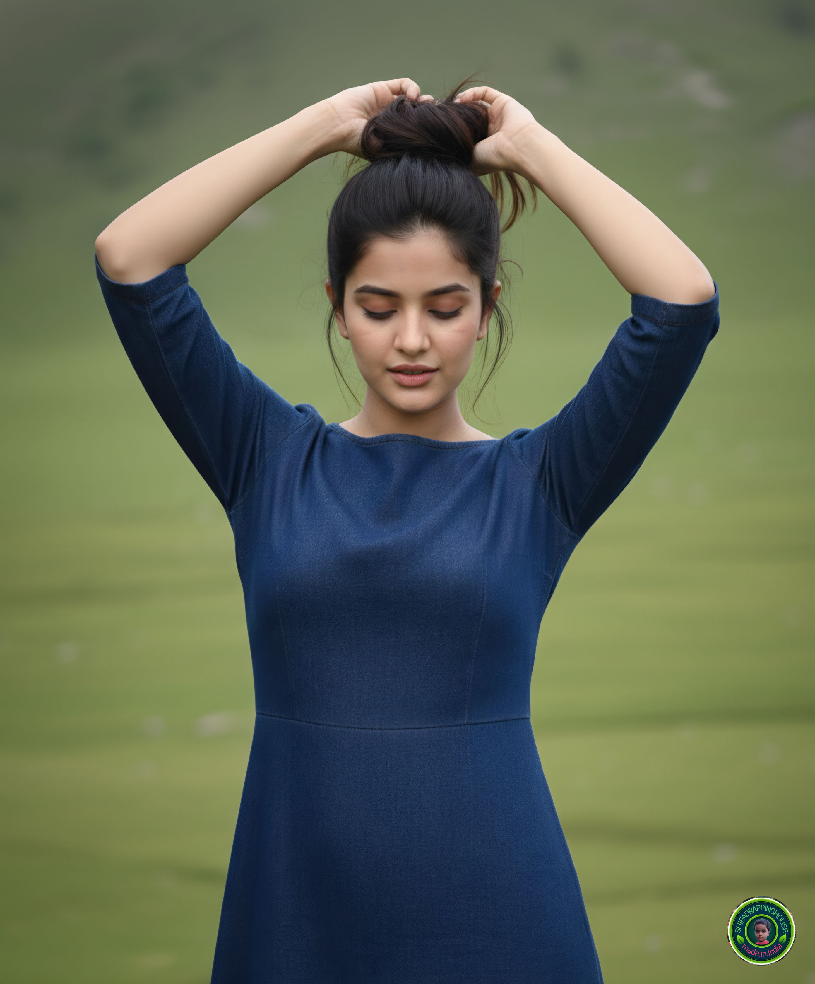 Elite Navy Blue Denim A-Line Midi Dress with Concealed Back Zipper & Side Pockets