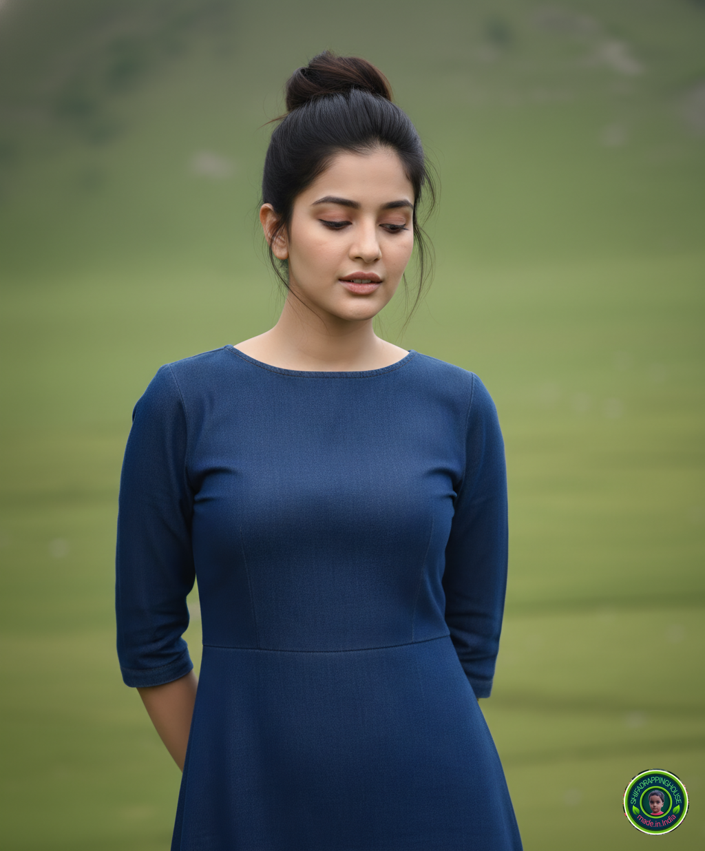 Elite Navy Blue Denim A-Line Midi Dress with Concealed Back Zipper & Side Pockets