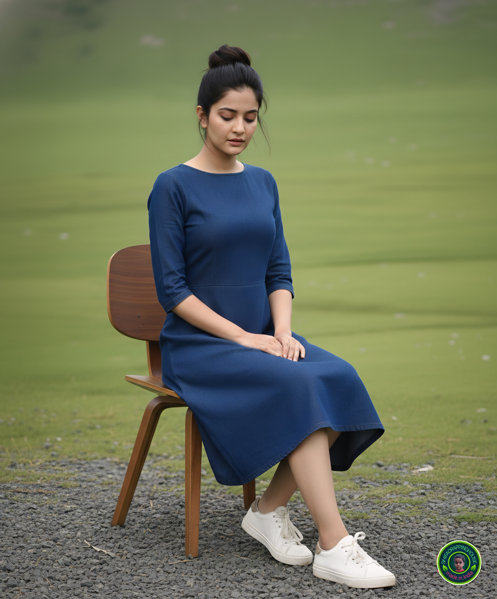 Elite Navy Blue Denim A-Line Midi Dress with Concealed Back Zipper & Side Pockets