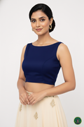 Premium Navy Blue Denim Boat Neck Blouse – Luxury Sleeveless Princess Cut Indo-Western Top (Padded & Seamless Fit)