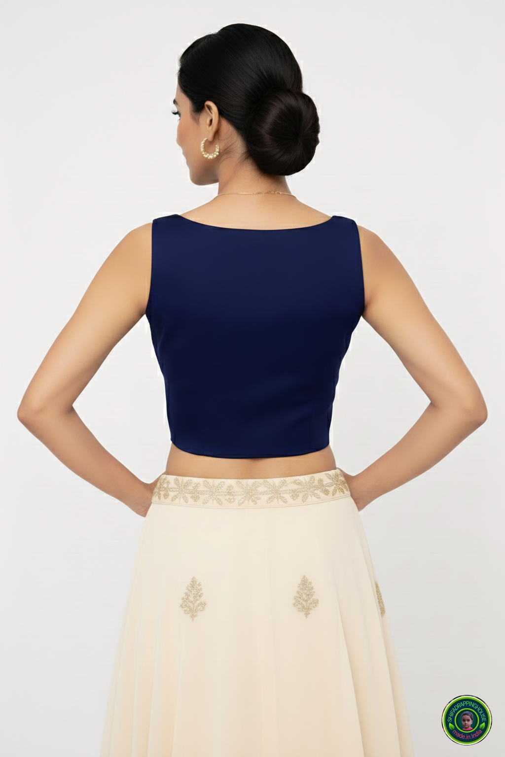 Premium Navy Blue Denim Boat Neck Blouse – Luxury Sleeveless Princess Cut Indo-Western Top (Padded & Seamless Fit)