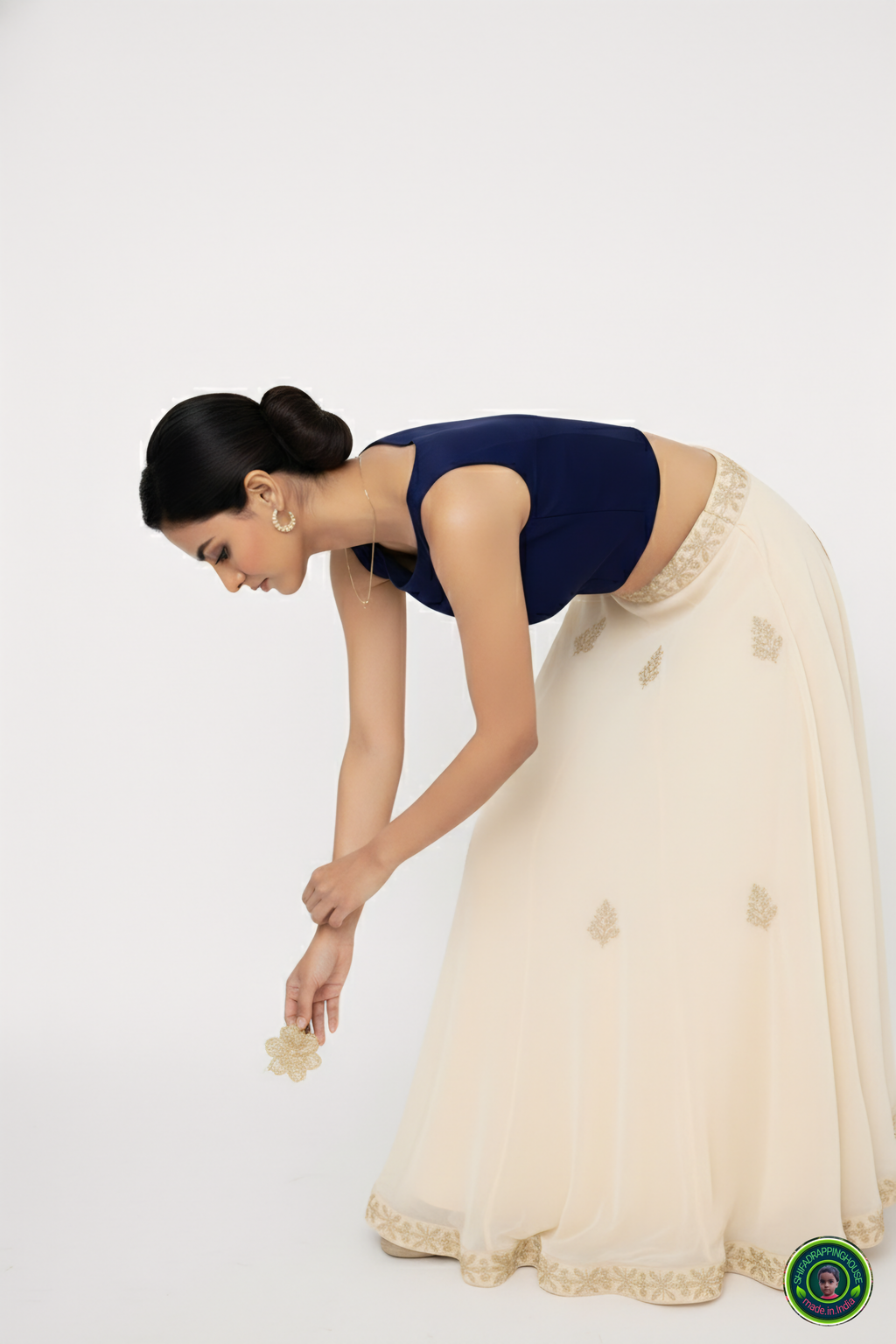 Premium Navy Blue Denim Boat Neck Blouse – Luxury Sleeveless Princess Cut Indo-Western Top (Padded & Seamless Fit)