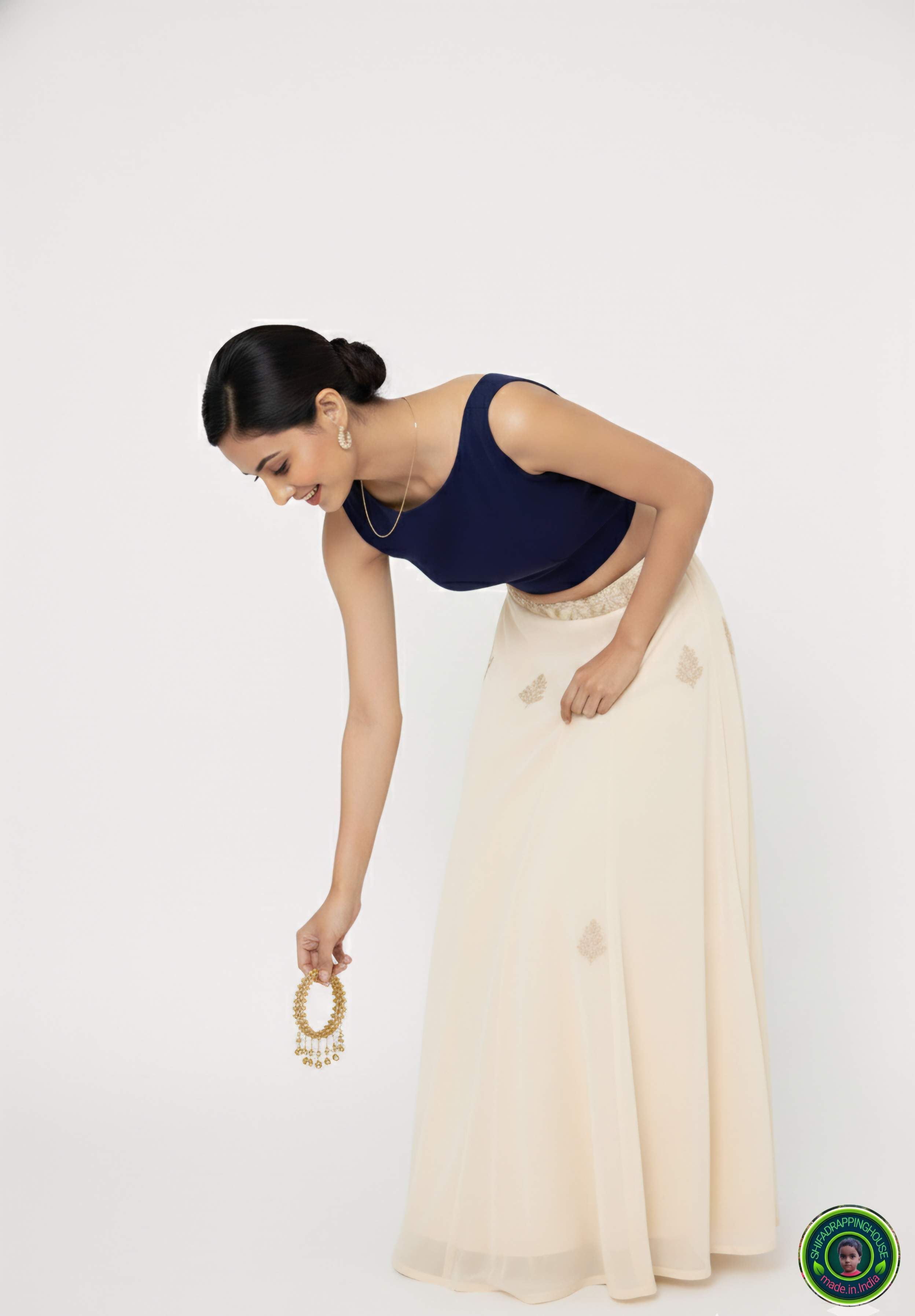 Premium Navy Blue Denim Boat Neck Blouse – Luxury Sleeveless Princess Cut Indo-Western Top (Padded & Seamless Fit)