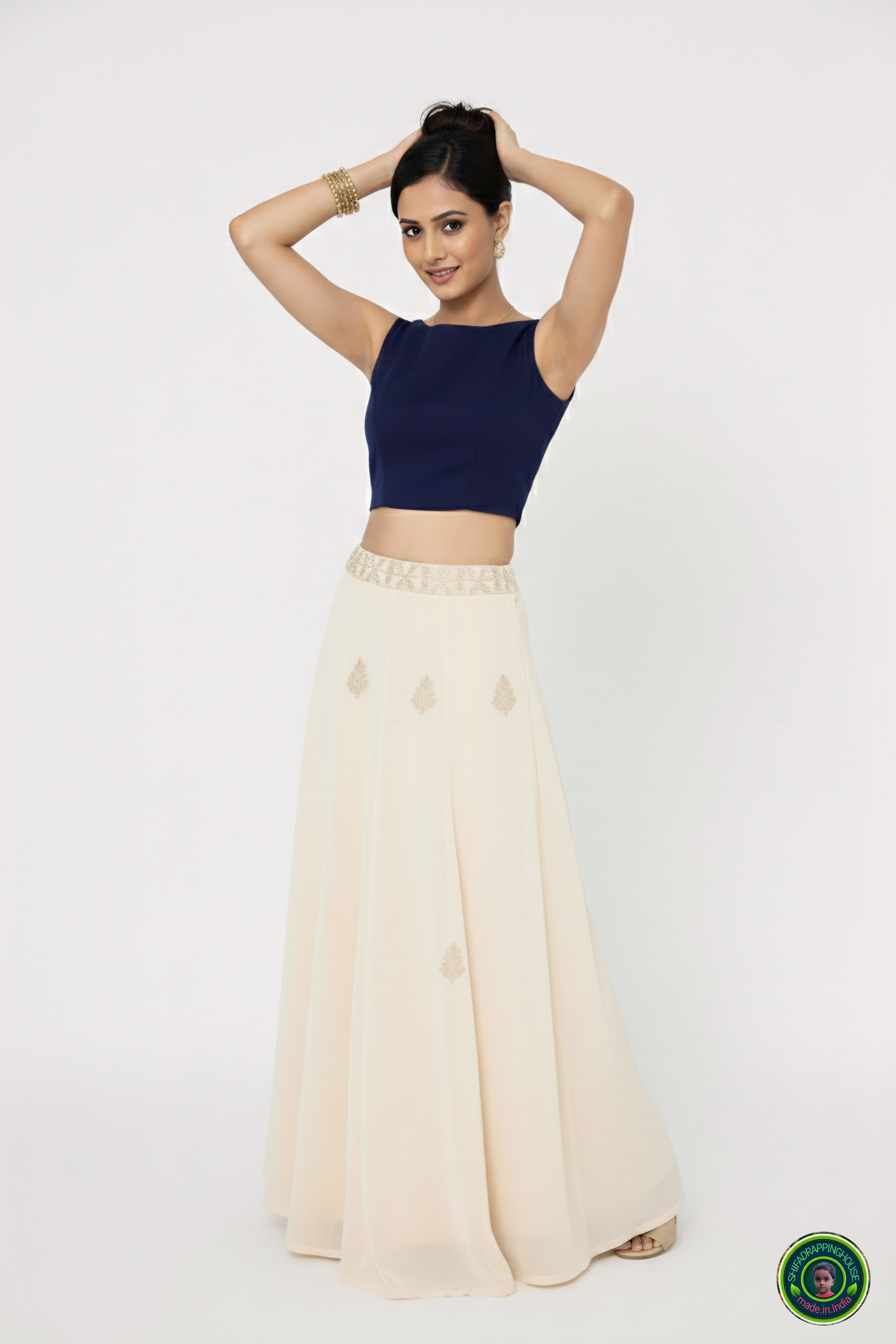 Premium Navy Blue Denim Boat Neck Blouse – Luxury Sleeveless Princess Cut Indo-Western Top (Padded & Seamless Fit)