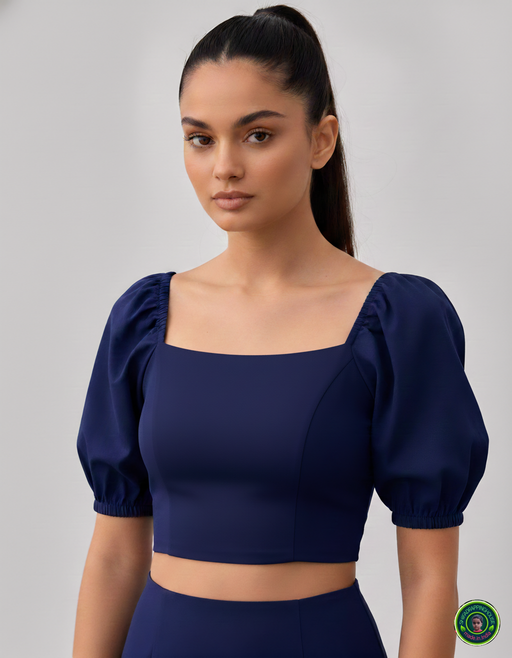 Premium Navy Blue Denim Puff-Sleeve Crop Blouse – Luxury Princess Cut Indo-Western Top (Padded & Seamless Fit)