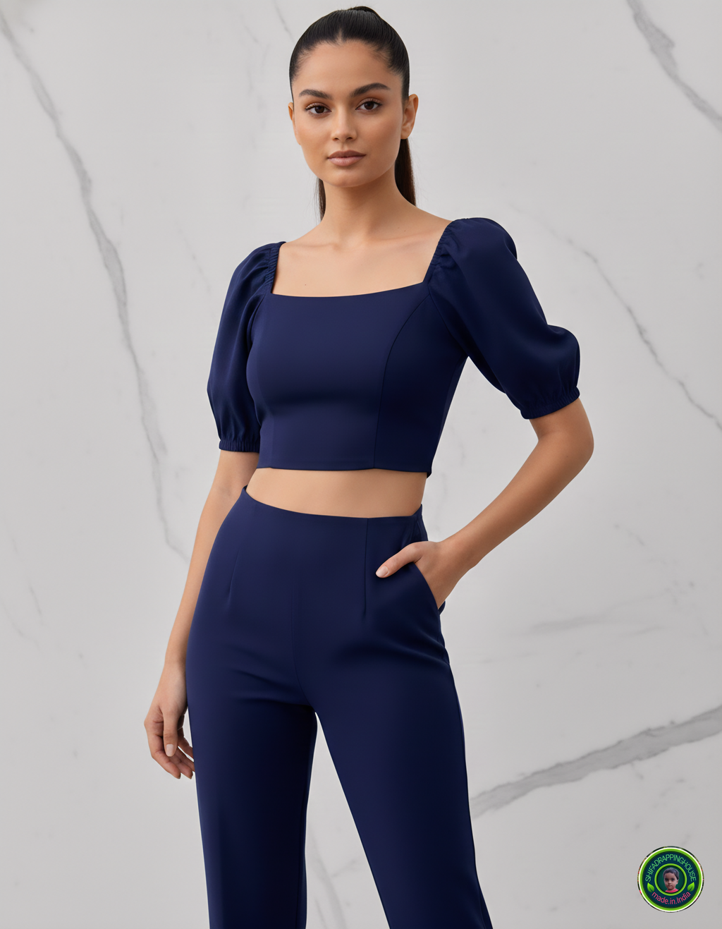 Premium Navy Blue Denim Puff-Sleeve Crop Blouse – Luxury Princess Cut Indo-Western Top (Padded & Seamless Fit)