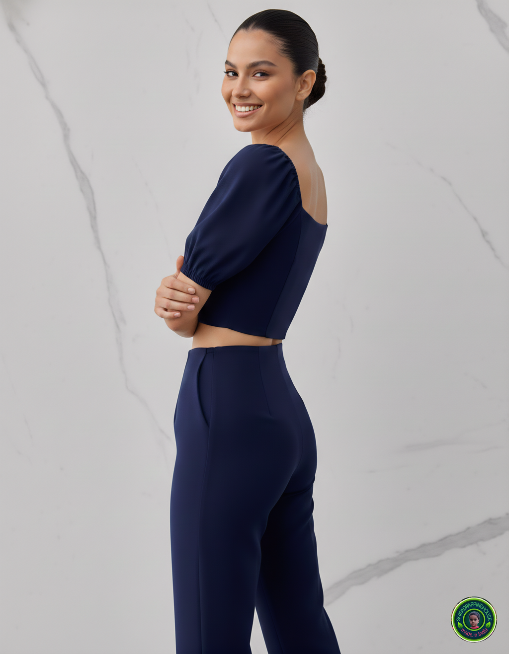 Premium Navy Blue Denim Puff-Sleeve Crop Blouse – Luxury Princess Cut Indo-Western Top (Padded & Seamless Fit)