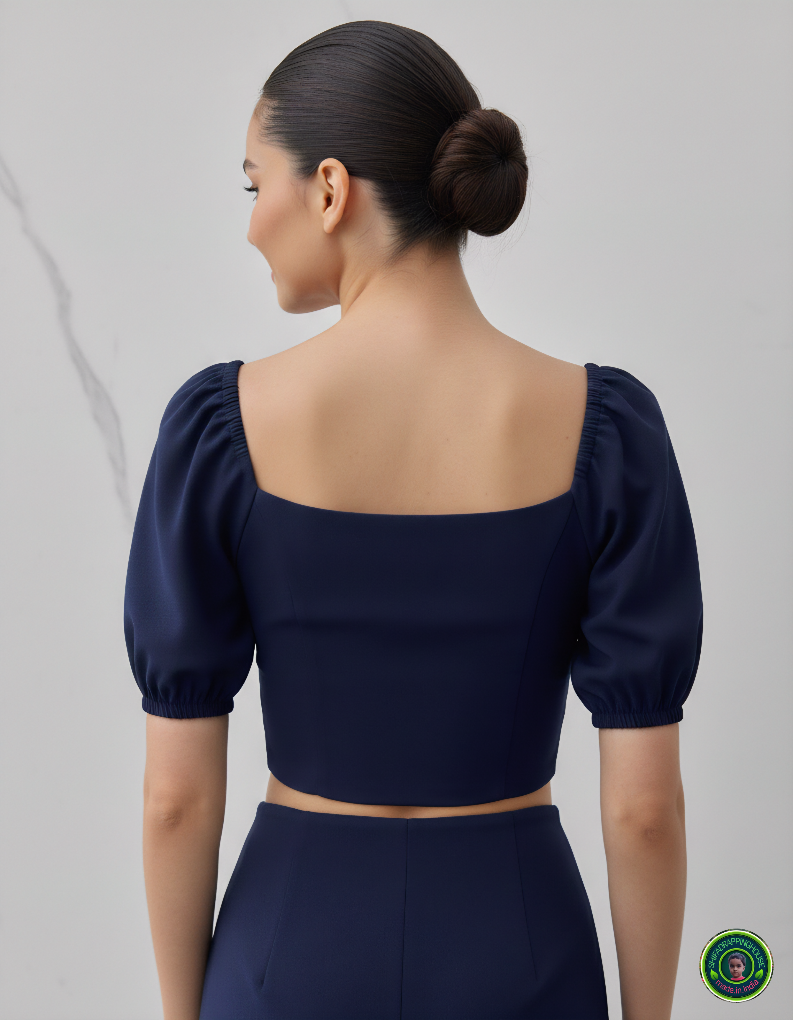 Premium Navy Blue Denim Puff-Sleeve Crop Blouse – Luxury Princess Cut Indo-Western Top (Padded & Seamless Fit)