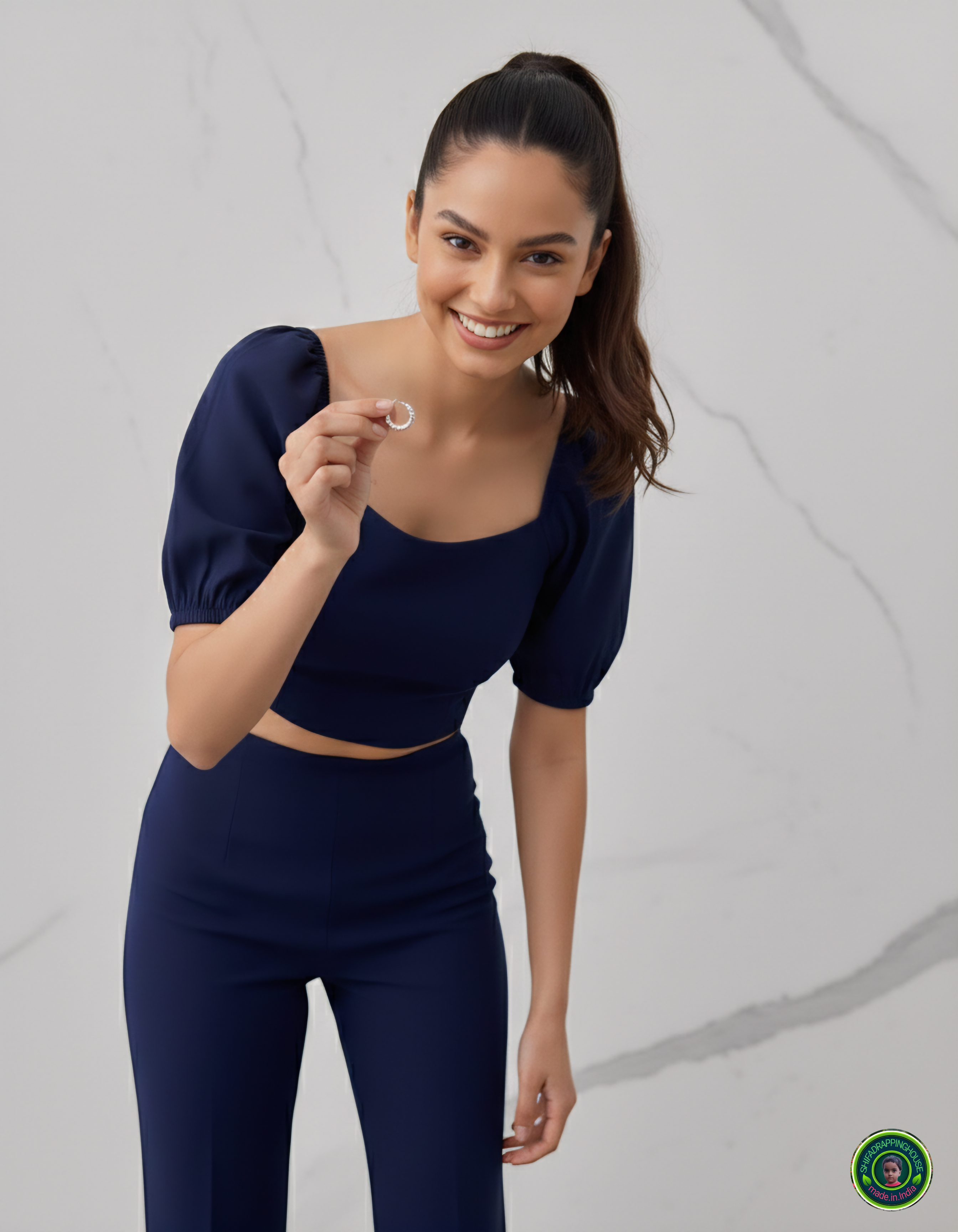 Premium Navy Blue Denim Puff-Sleeve Crop Blouse – Luxury Princess Cut Indo-Western Top (Padded & Seamless Fit)