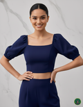 Premium Navy Blue Denim Puff-Sleeve Crop Blouse – Luxury Princess Cut Indo-Western Top (Padded & Seamless Fit)