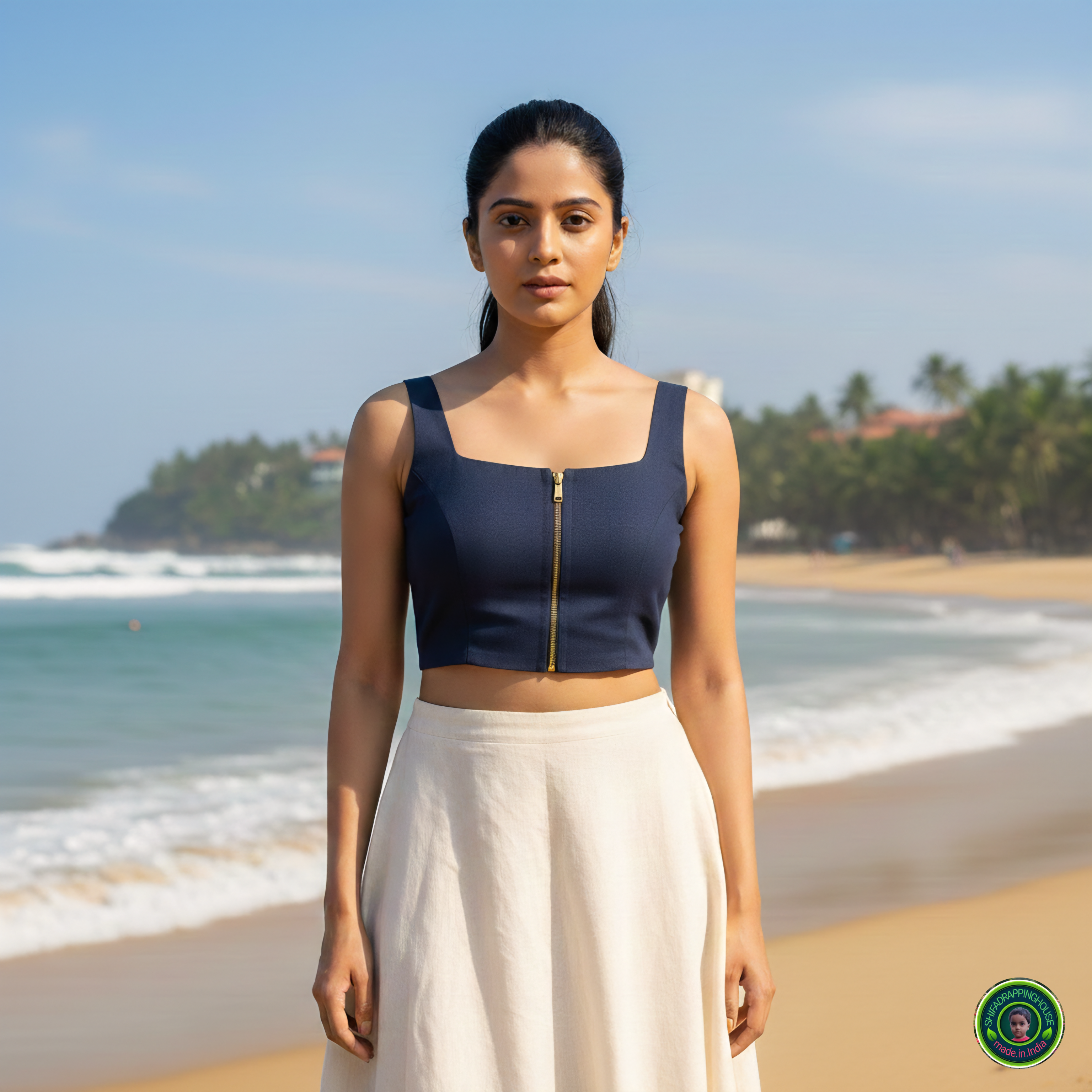 Premium Navy Blue Denim Front-Zip Crop Blouse – Sleeveless Princess Cut Indo-Western Top (Padded & Lined)