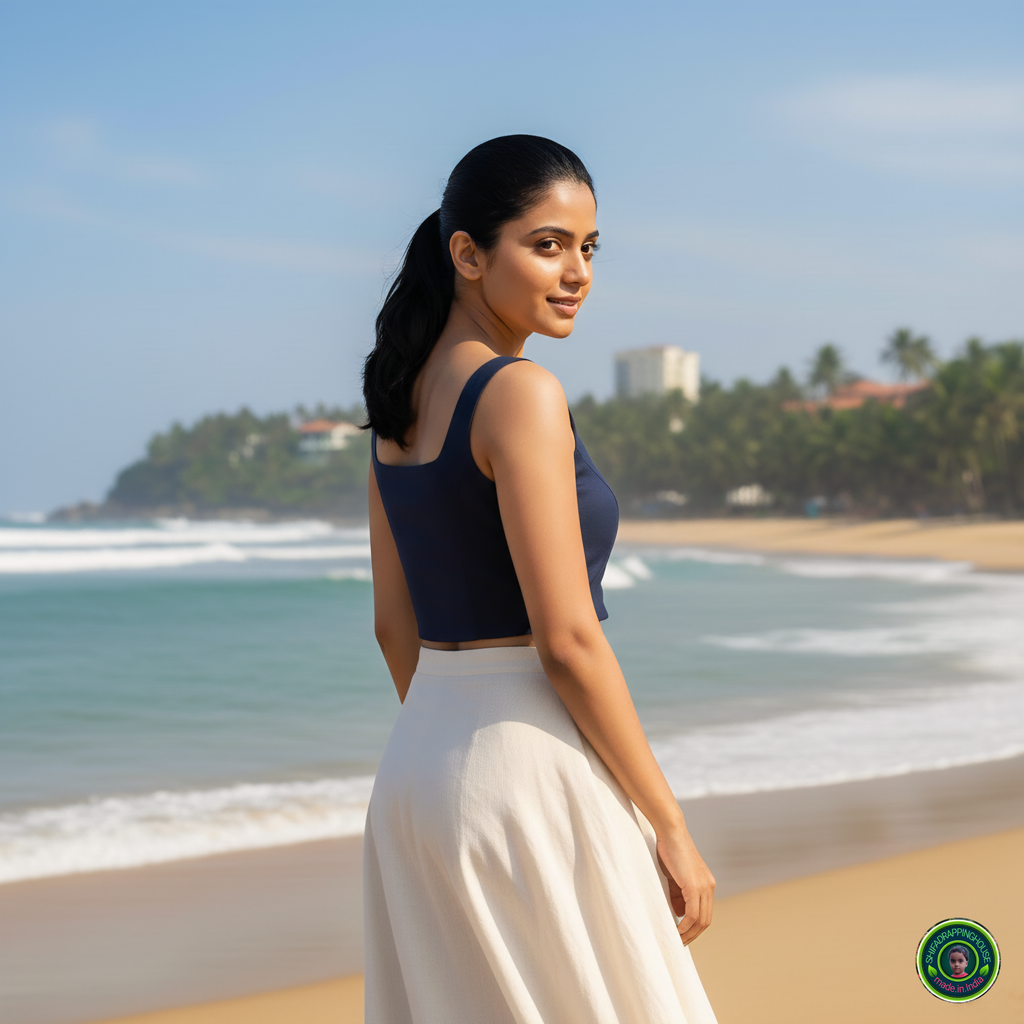 Premium Navy Blue Denim Front-Zip Crop Blouse – Sleeveless Princess Cut Indo-Western Top (Padded & Lined)