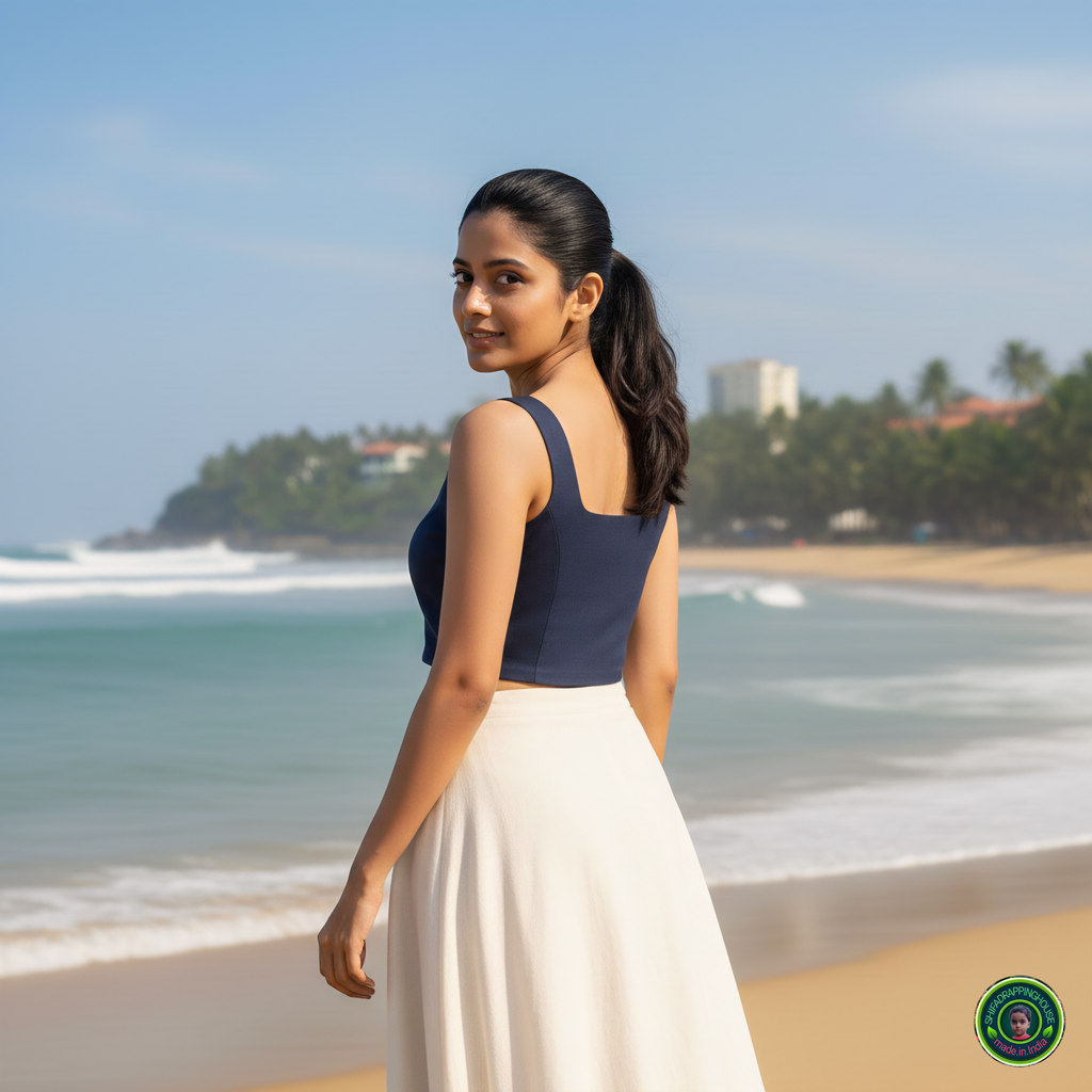 Premium Navy Blue Denim Front-Zip Crop Blouse – Sleeveless Princess Cut Indo-Western Top (Padded & Lined)
