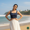 Premium Navy Blue Denim Front-Zip Crop Blouse – Sleeveless Princess Cut Indo-Western Top (Padded & Lined)