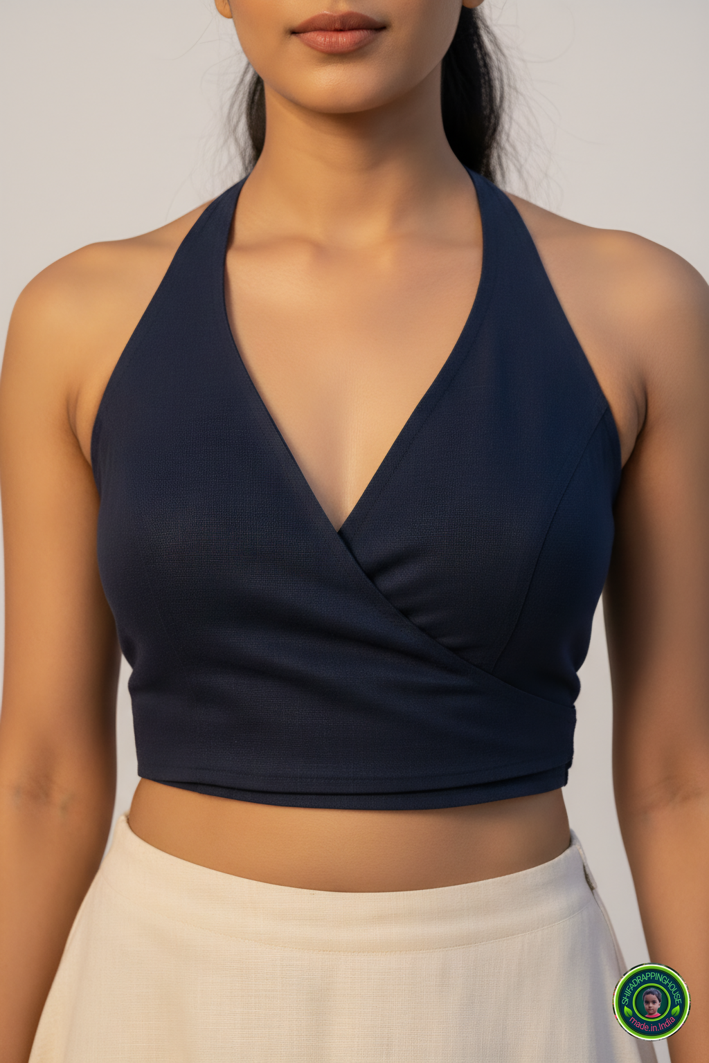Premium Navy Blue Denim Crossover Blouse – Luxury Princess Cut Alternate Halter Design (Padded & Seamless Finish)