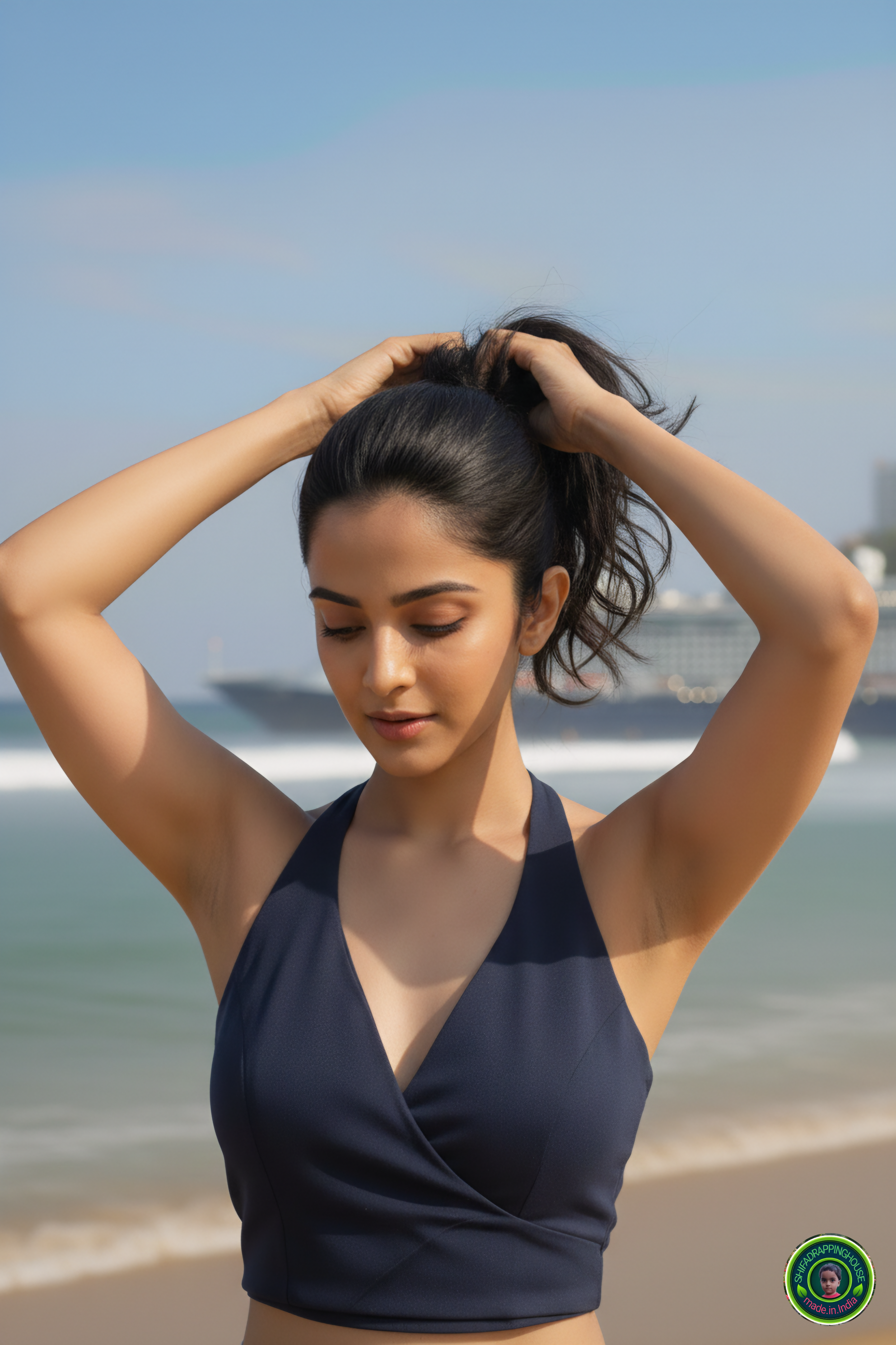 Premium Navy Blue Denim Crossover Blouse – Luxury Princess Cut Alternate Halter Design (Padded & Seamless Finish)