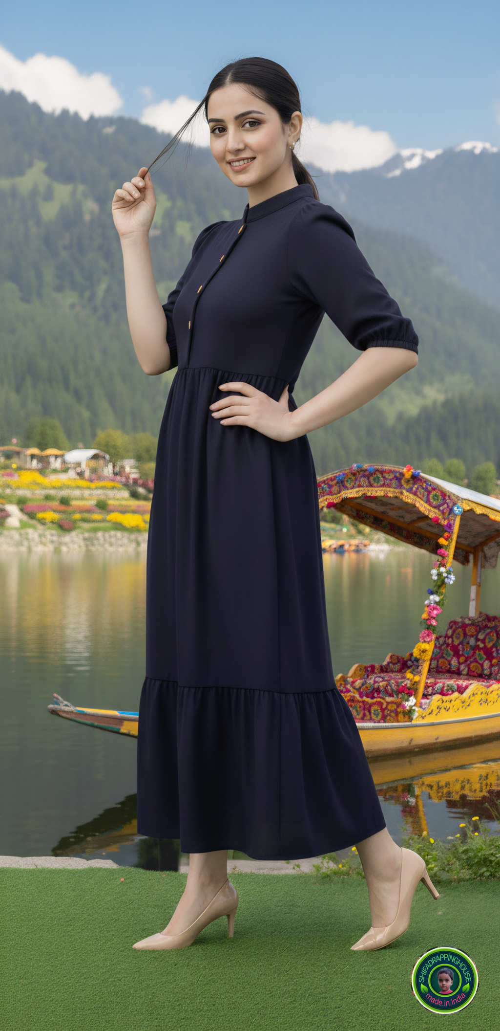 Handcrafted Navy Blue Denim Indo-Western Midi Dress with Mandarin Collar & Wooden Buttons