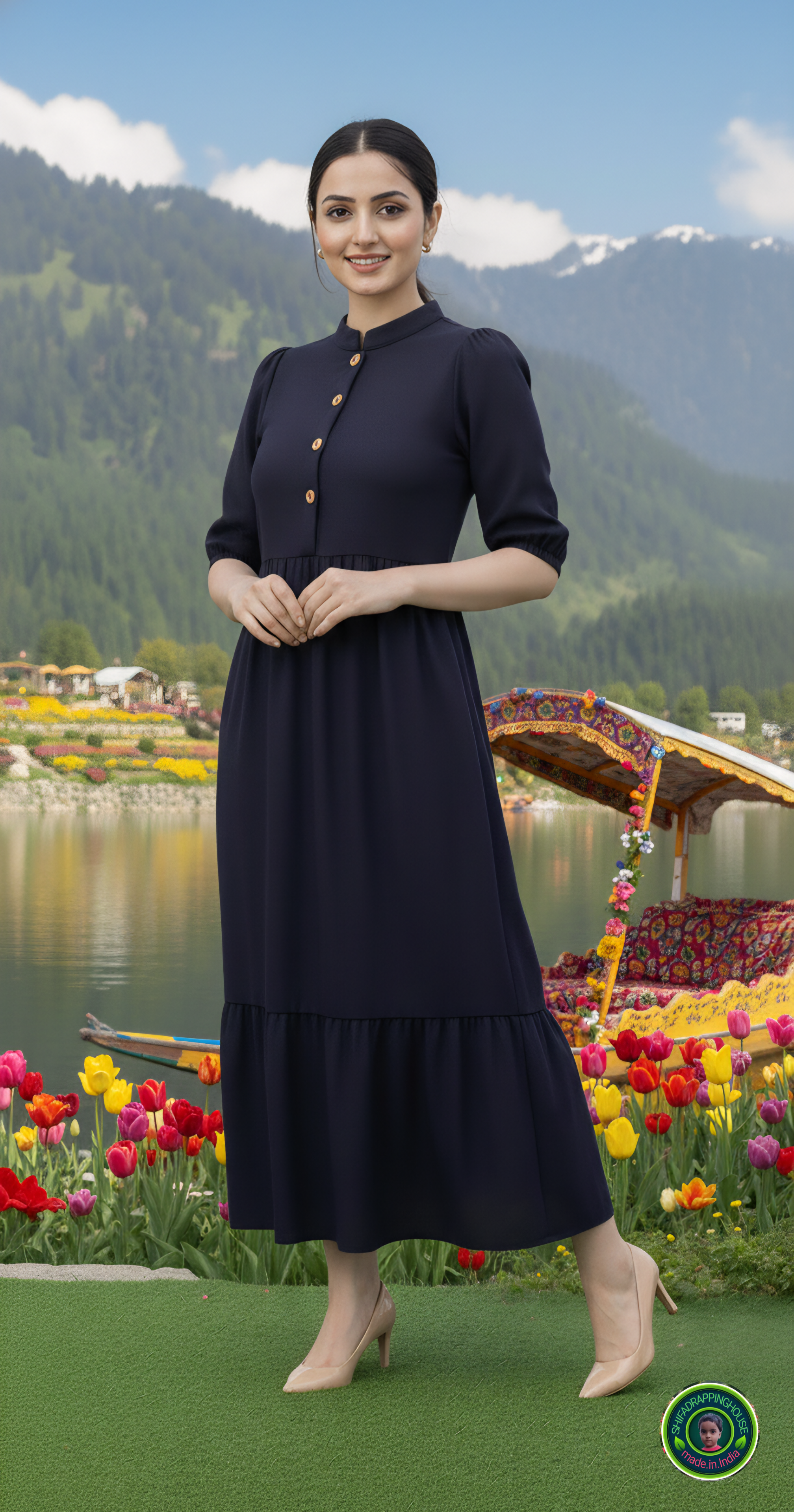 Handcrafted Navy Blue Denim Indo-Western Midi Dress with Mandarin Collar & Wooden Buttons
