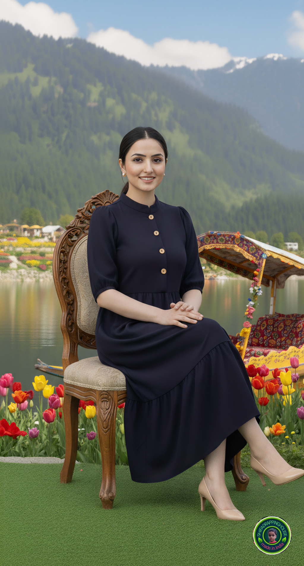 Handcrafted Navy Blue Denim Indo-Western Midi Dress with Mandarin Collar & Wooden Buttons