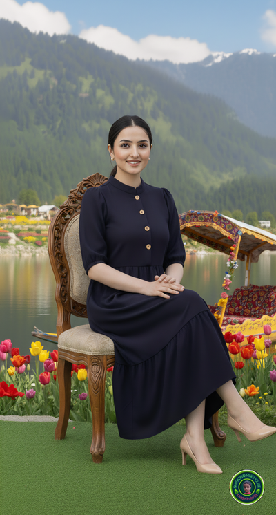 Handcrafted Navy Blue Denim Indo-Western Midi Dress with Mandarin Collar & Wooden Buttons