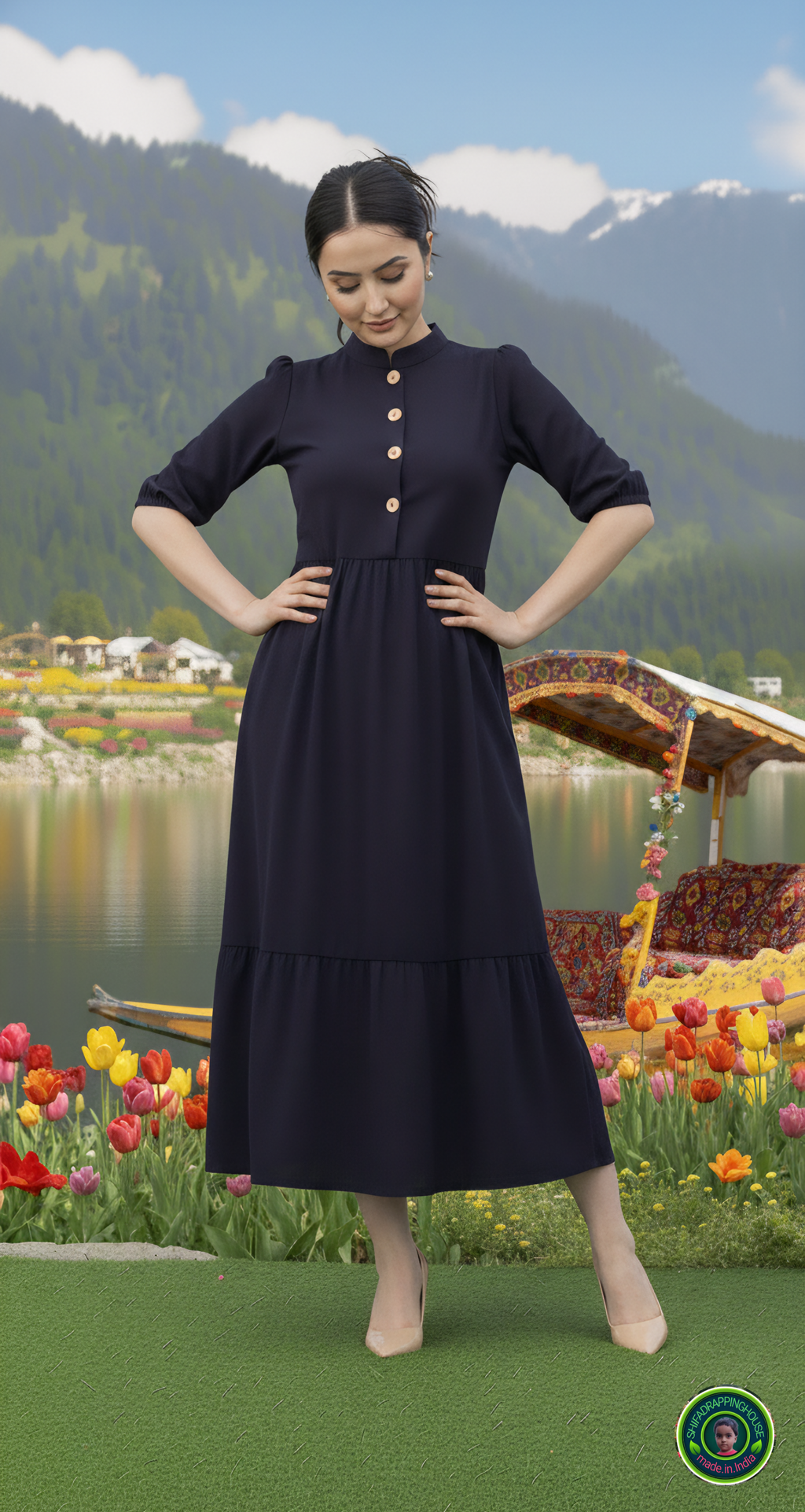 Handcrafted Navy Blue Denim Indo-Western Midi Dress with Mandarin Collar & Wooden Buttons
