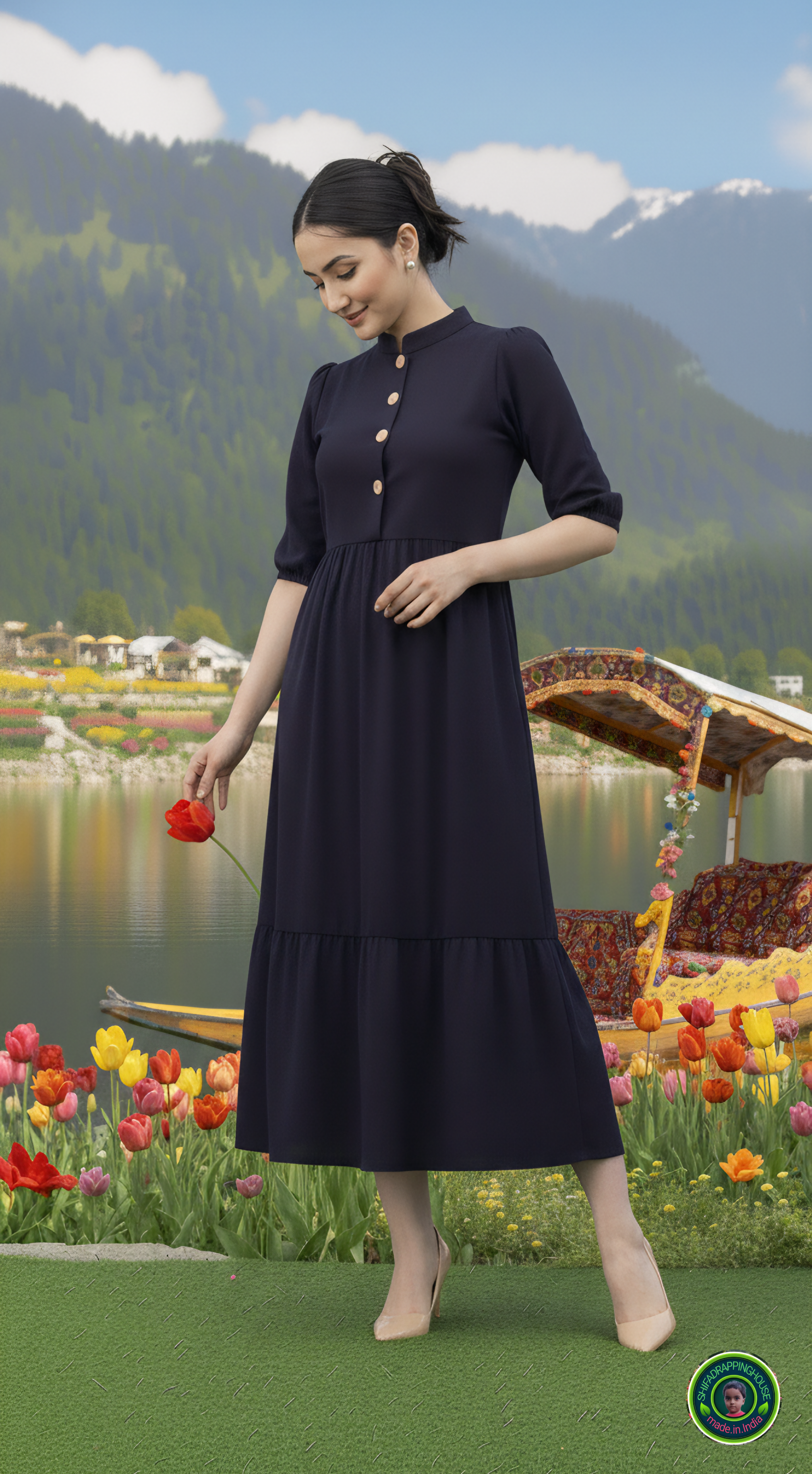 Handcrafted Navy Blue Denim Indo-Western Midi Dress with Mandarin Collar & Wooden Buttons
