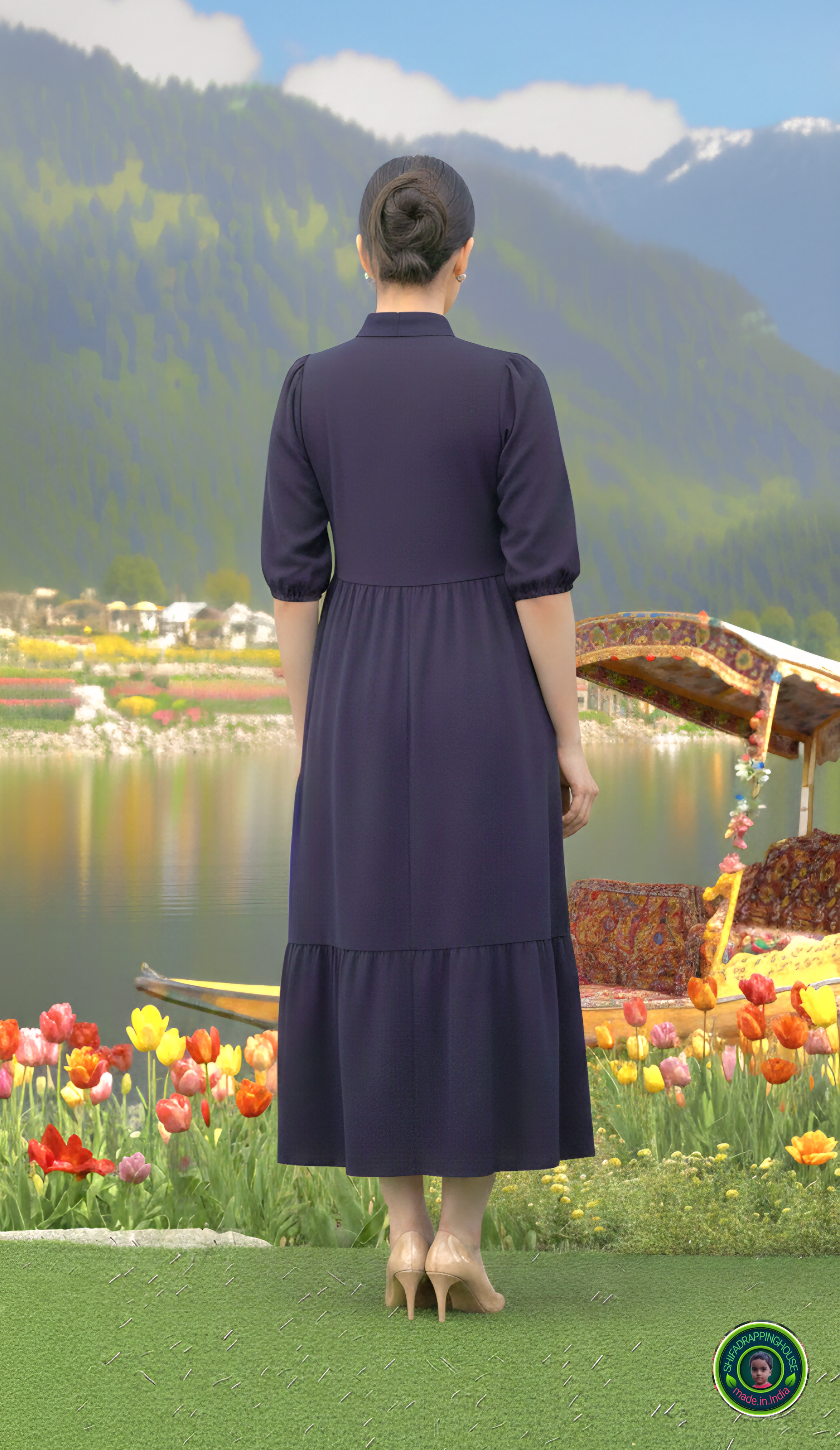 Handcrafted Navy Blue Denim Indo-Western Midi Dress with Mandarin Collar & Wooden Buttons