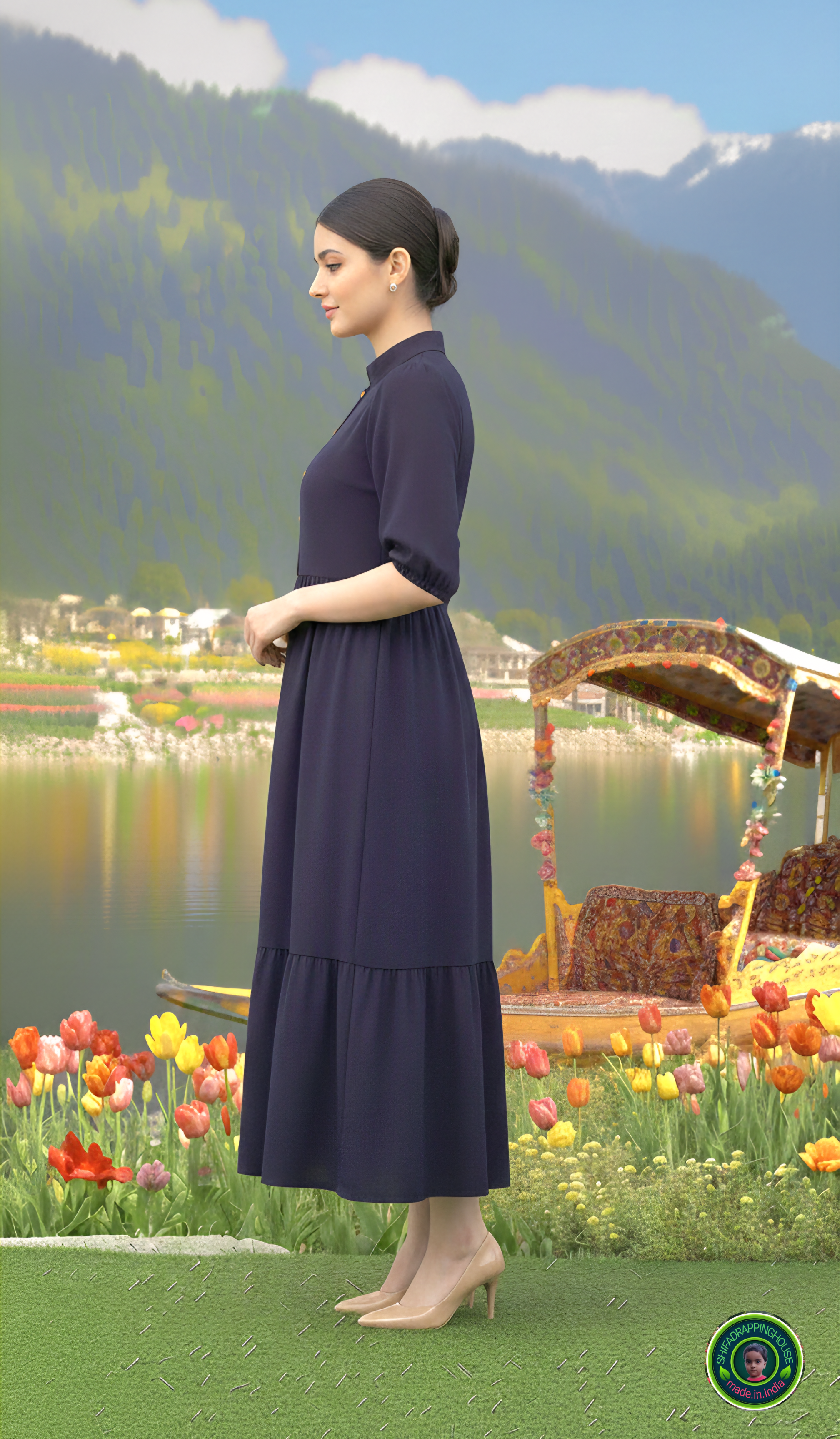 Handcrafted Navy Blue Denim Indo-Western Midi Dress with Mandarin Collar & Wooden Buttons