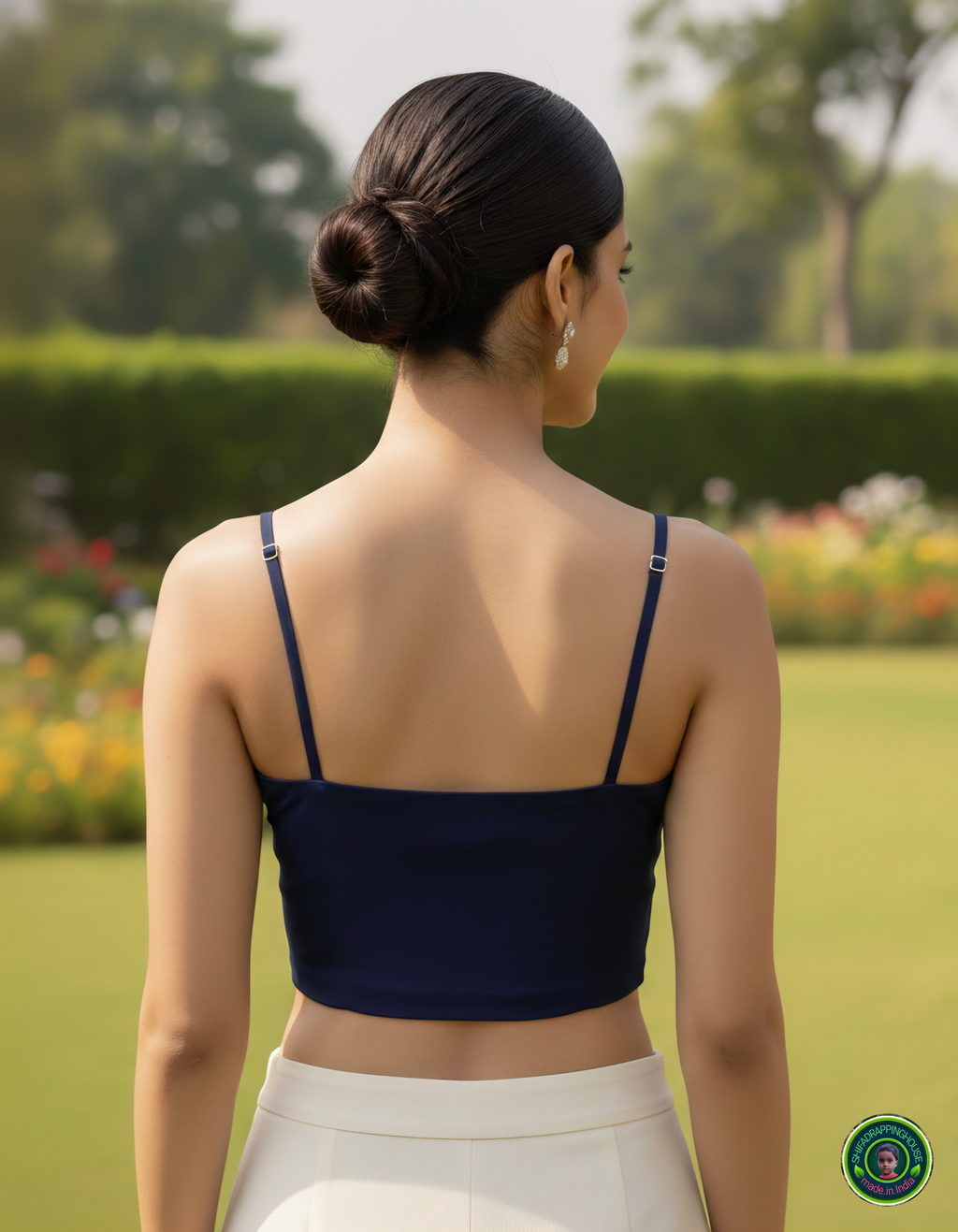 Premium Navy Blue Denim Princess Cut Crop Blouse – Smart Adjustable Shoulder Straps & Luxury Padded Fit