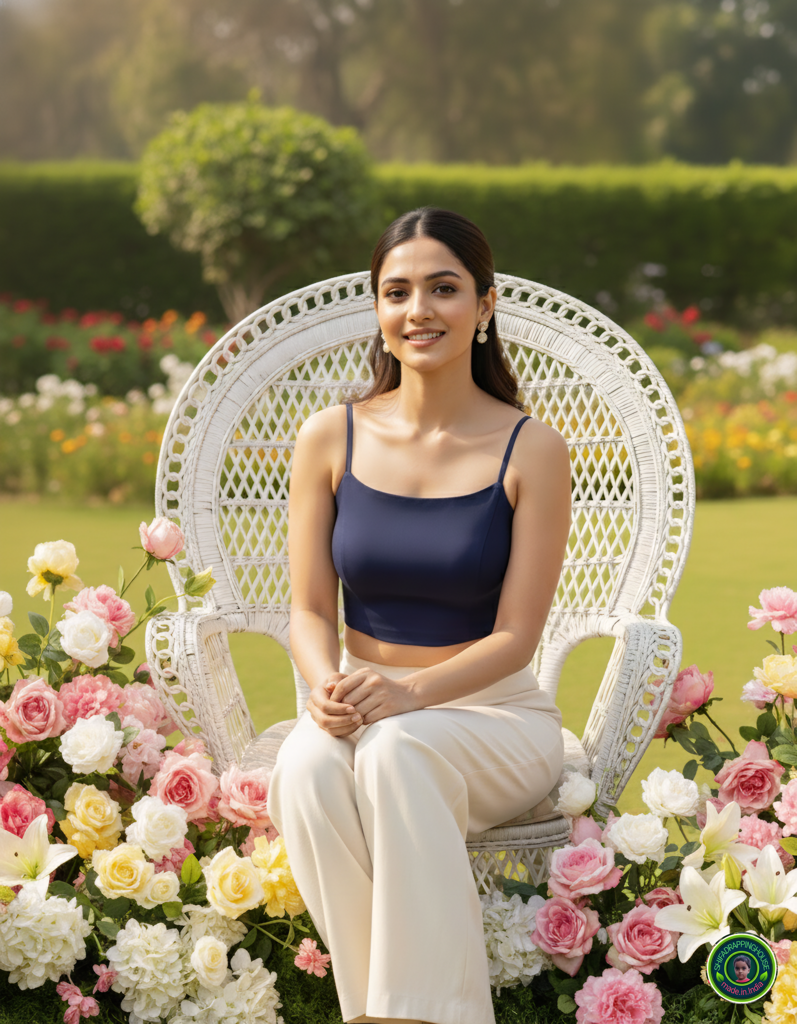 Premium Navy Blue Denim Princess Cut Crop Blouse – Smart Adjustable Shoulder Straps & Luxury Padded Fit