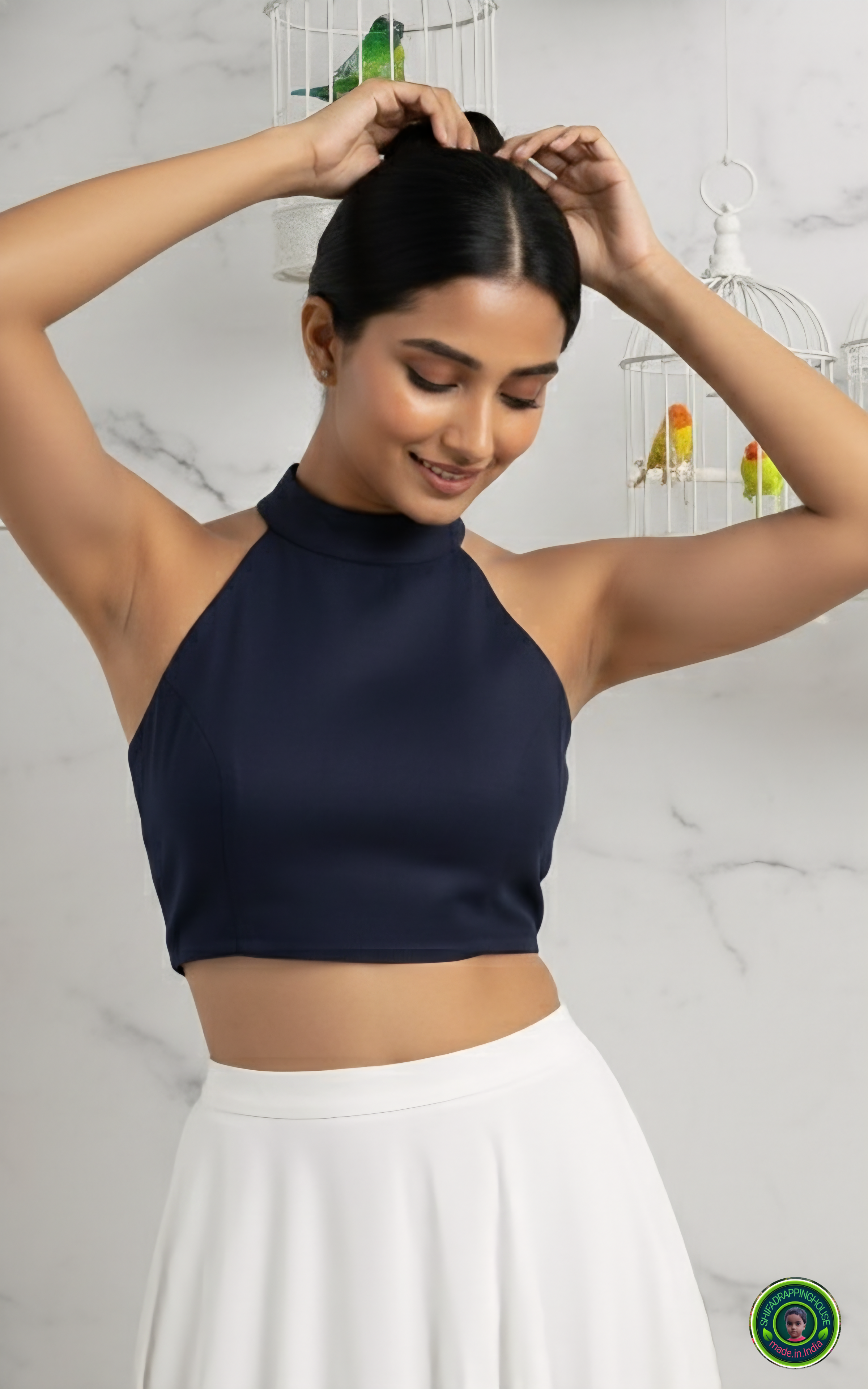 Premium Navy Blue Denim Halter-Neck Blouse – Elegant Collar Band & Back Hook Opening (Padded & Lined)