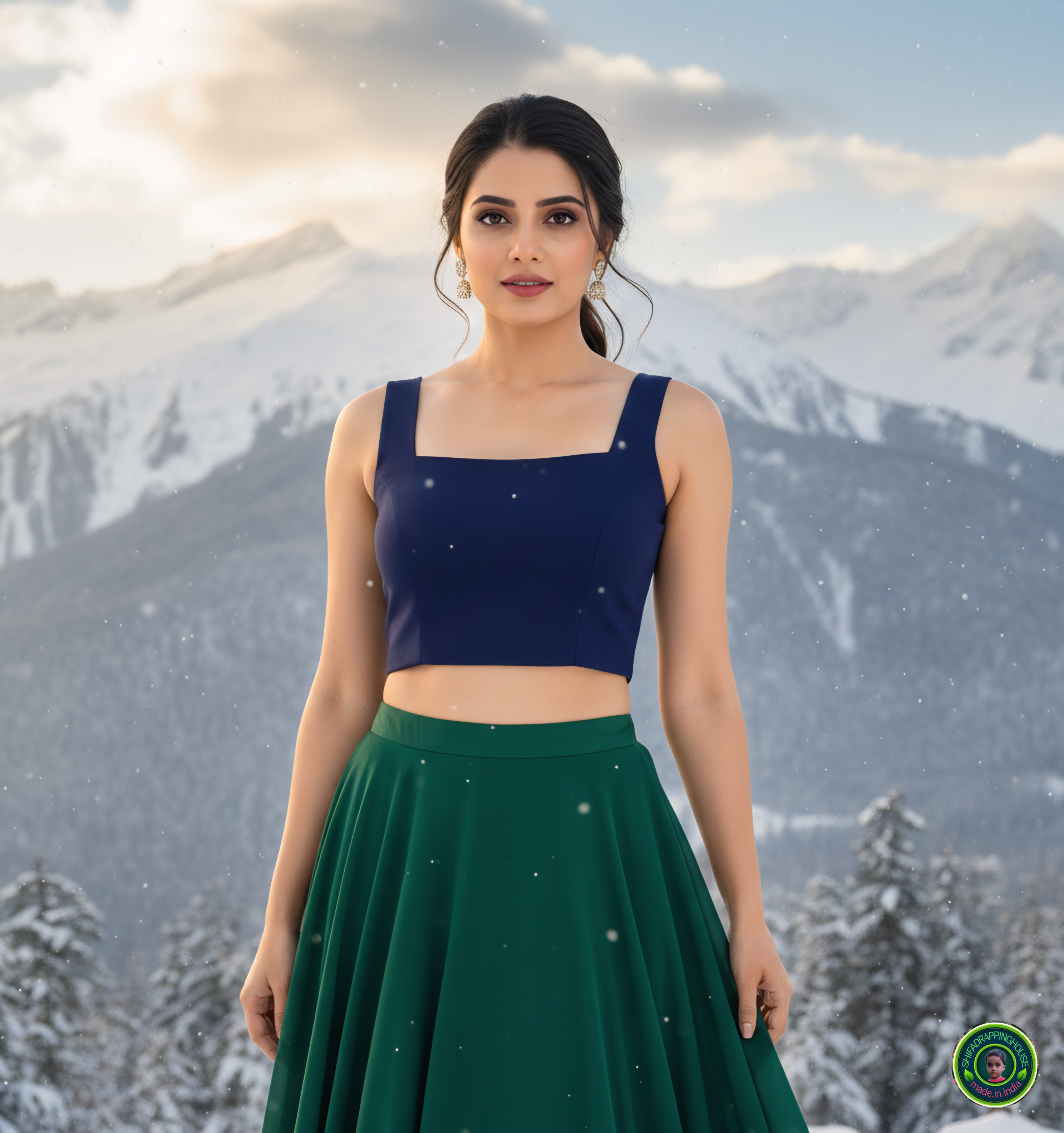 Premium Navy Blue Denim Square Neck Crop Blouse – Luxury Sleeveless Indo-Western Top (Padded & Seamless Finish)