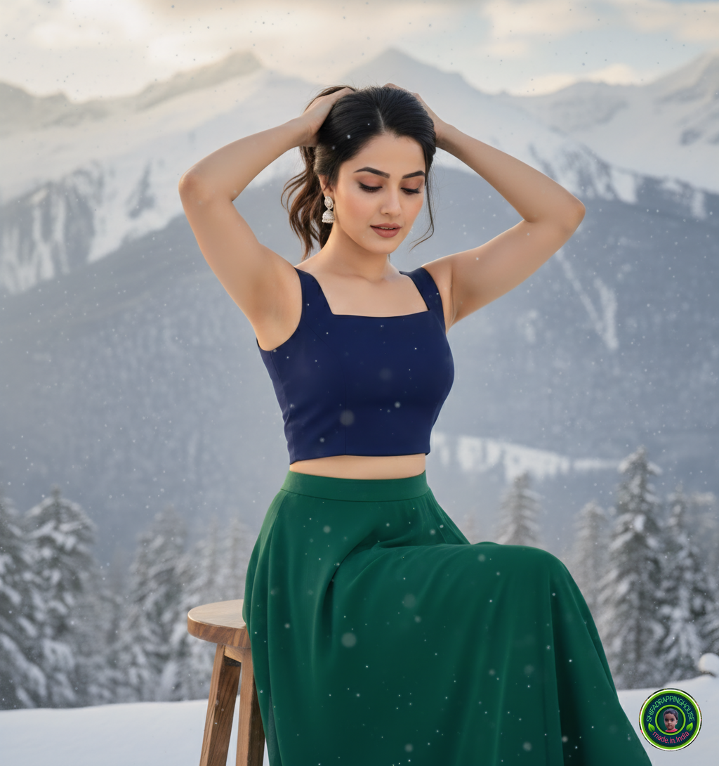 Premium Navy Blue Denim Square Neck Crop Blouse – Luxury Sleeveless Indo-Western Top (Padded & Seamless Finish)