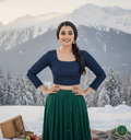 Premium Navy Blue Denim Round Neck Blouse – Elegant 3/4 Sleeves Indo-Western Crop Top (Padded & Fully Lined)