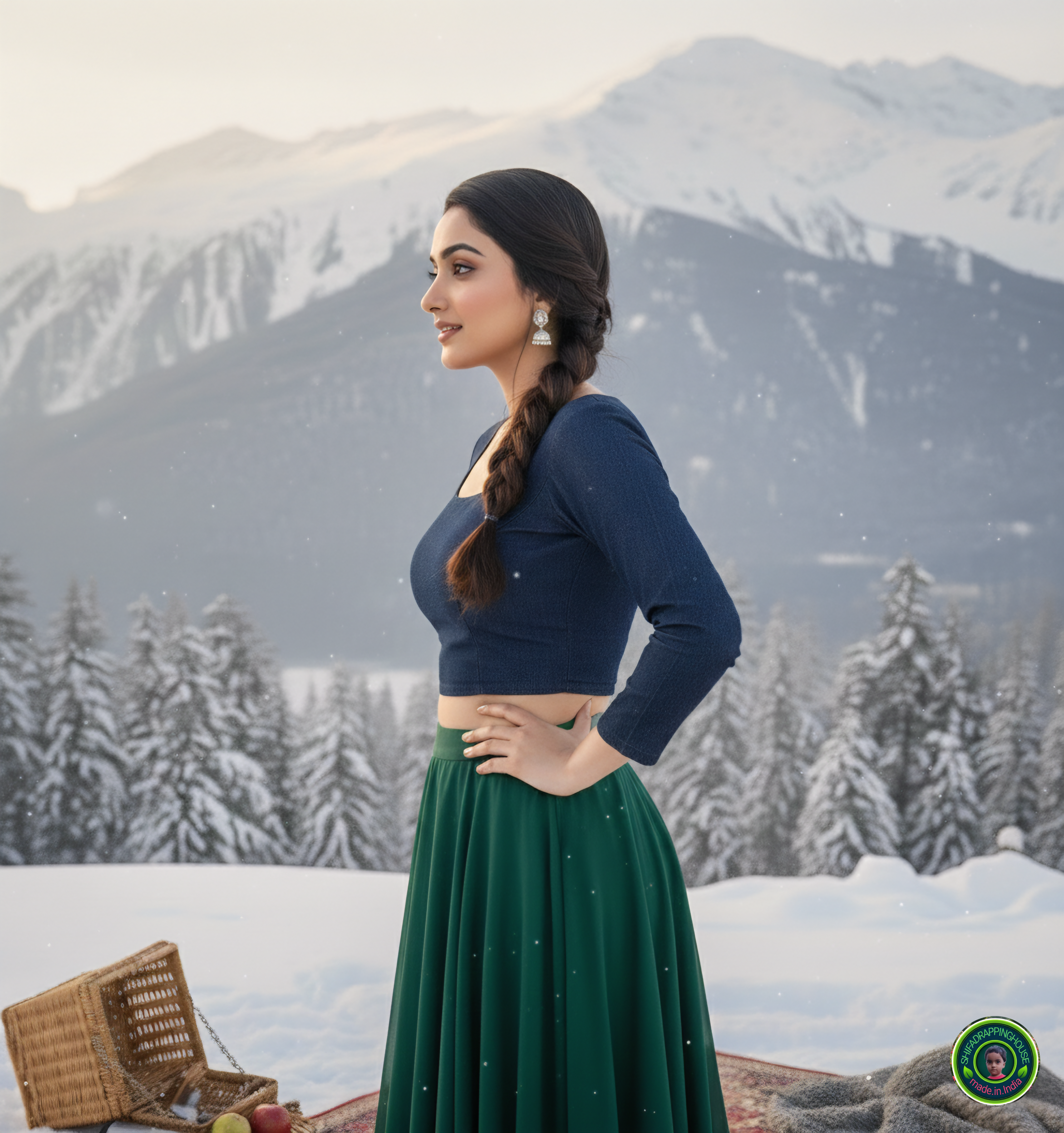 Premium Navy Blue Denim Round Neck Blouse – Elegant 3/4 Sleeves Indo-Western Crop Top (Padded & Fully Lined)