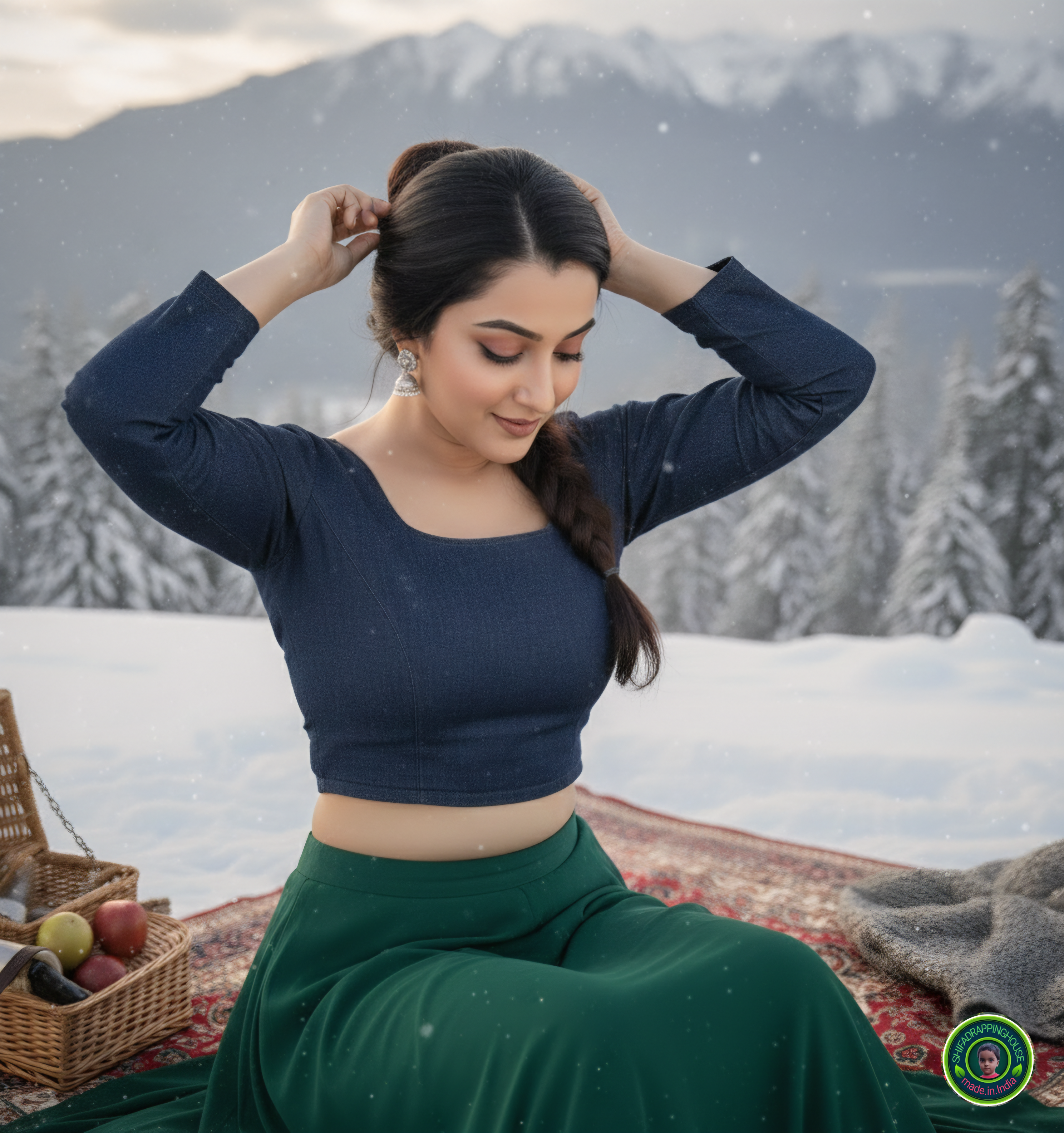 Premium Navy Blue Denim Round Neck Blouse – Elegant 3/4 Sleeves Indo-Western Crop Top (Padded & Fully Lined)