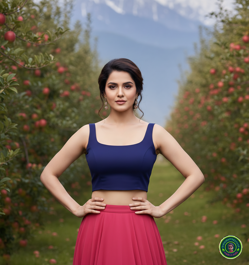 Premium Navy Blue Denim Square Neck Crop Blouse – Sleeveless Indo-Western Top (Padded & Lined)