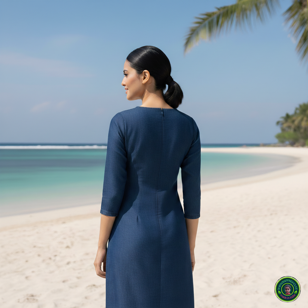 Royal Navy Blue Denim A-Line Midi Dress with Concealed Back Zipper & Elbow Sleeves