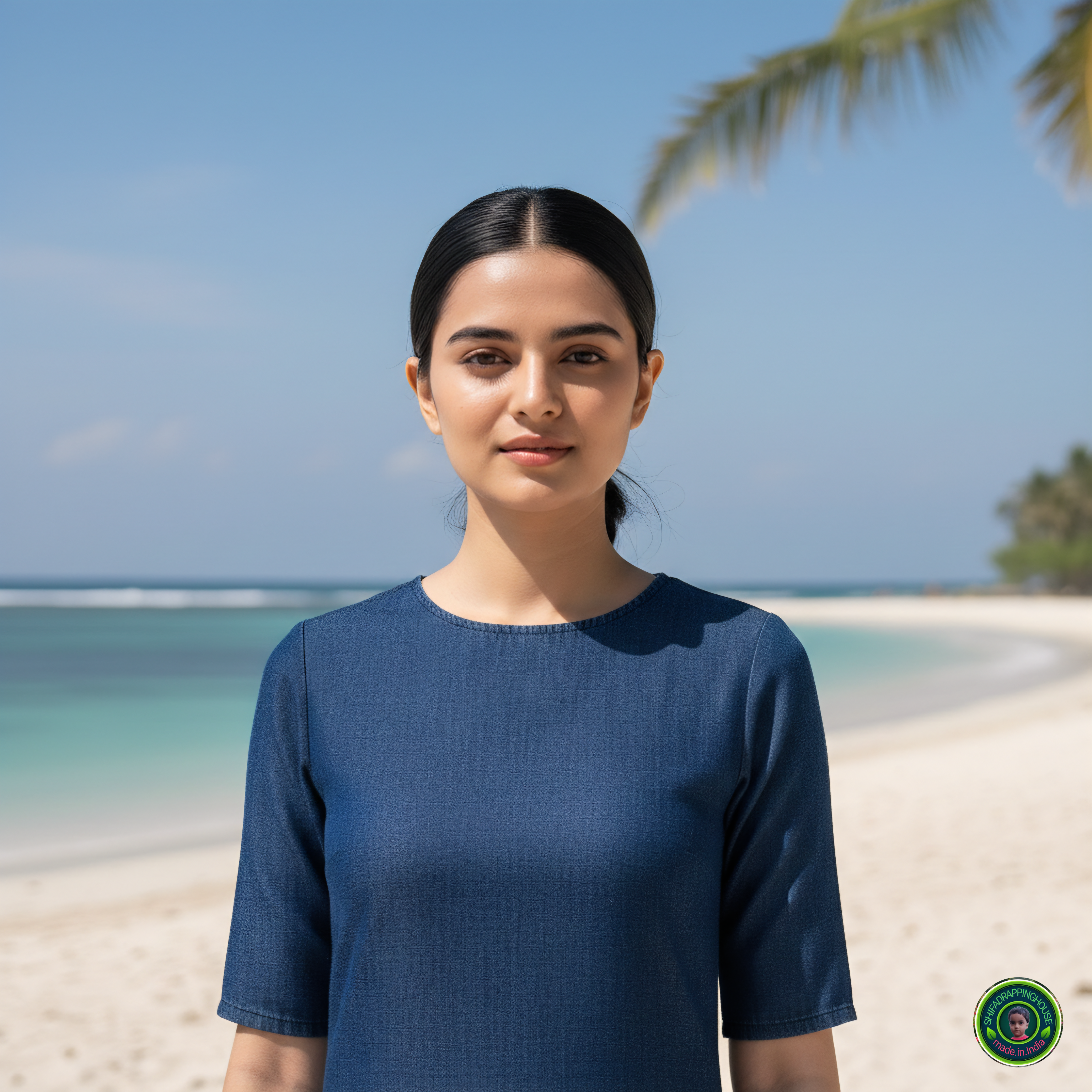 Royal Navy Blue Denim A-Line Midi Dress with Concealed Back Zipper & Elbow Sleeves